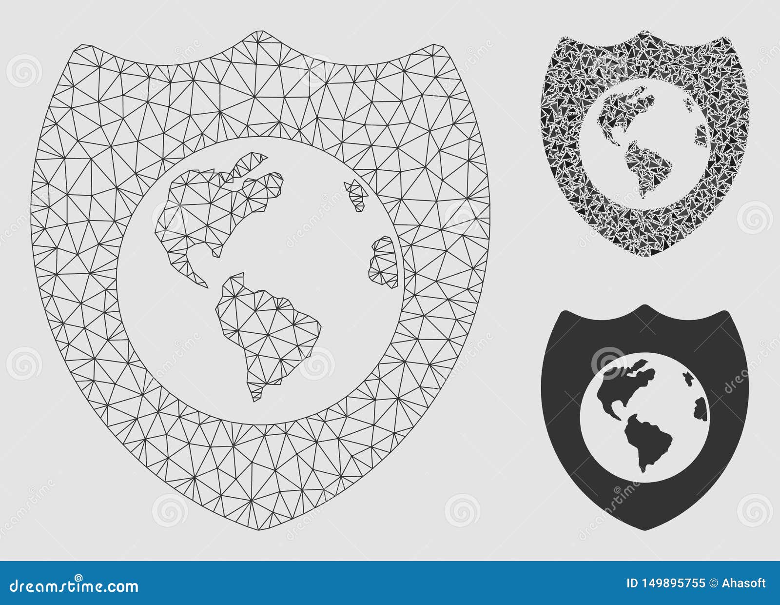 Erdschild-Vektor Mesh Network Model und Dreieck-Mosaik-Ikone. Mesh Earth-Schildmodell mit Dreieckmosaikikone Polygonale Masche der Drahtkarkasse des Erdschildes Vektormosaik von Dreiecken in den variablen Größen und in den Farbtönungen Abstraktes flaches Masche Erdschild,