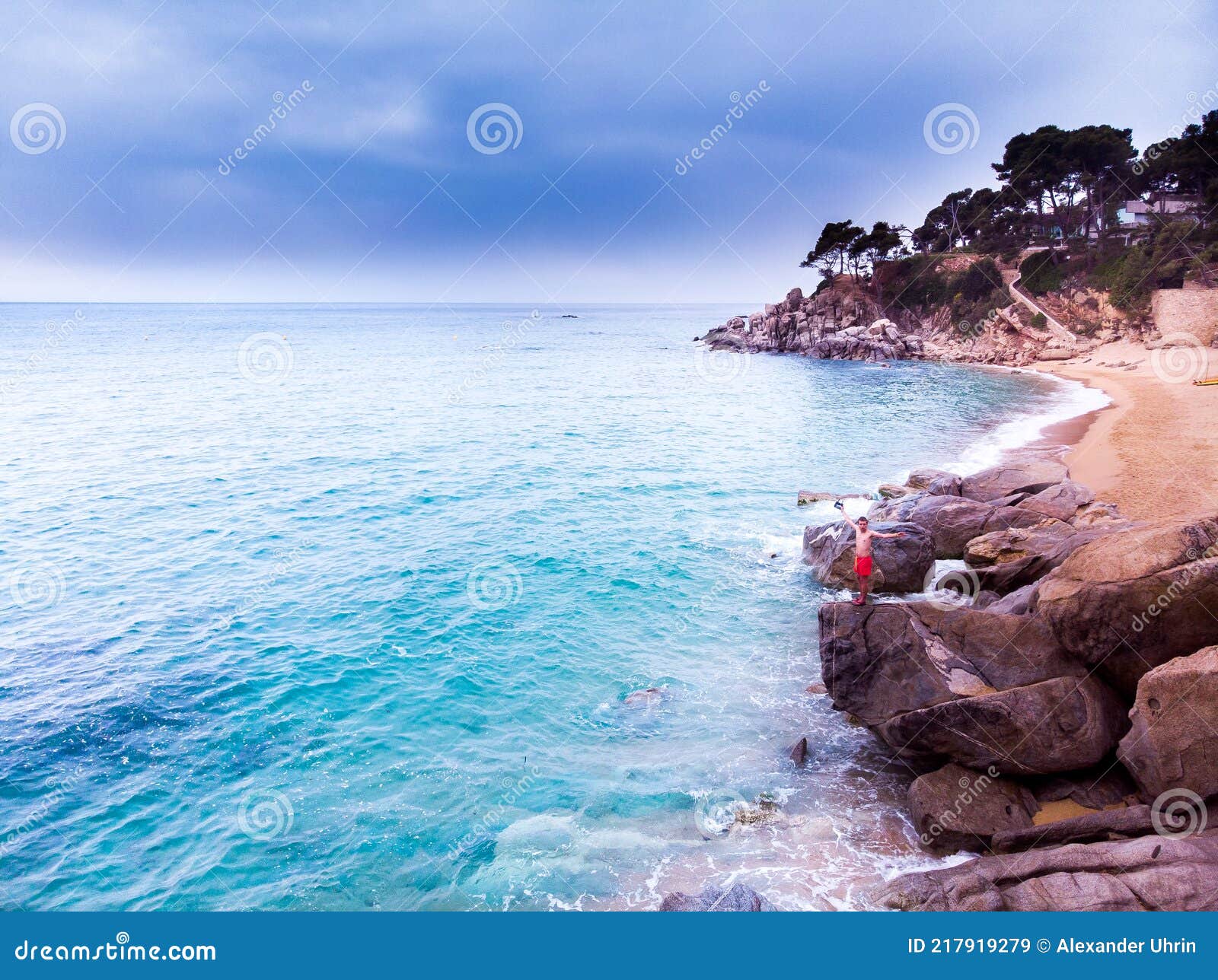 ÃÂerial view. rocks on the coast of lloret de mar in a beautiful summer day,sandy beach, costa brava, catalonia, spain.