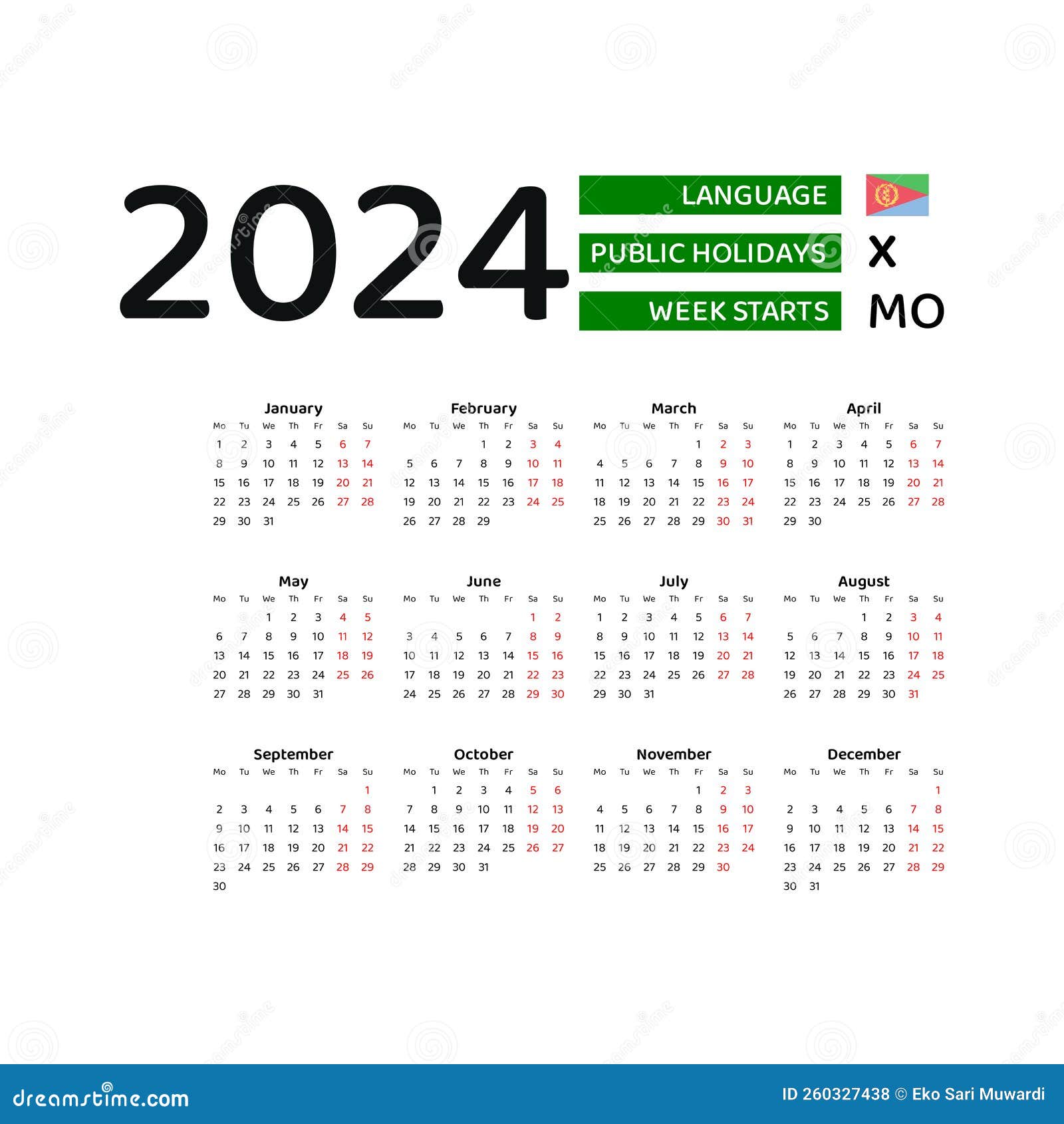 Eritrea Calendar 2024. Week Starts from Monday. Vector Graphic Design