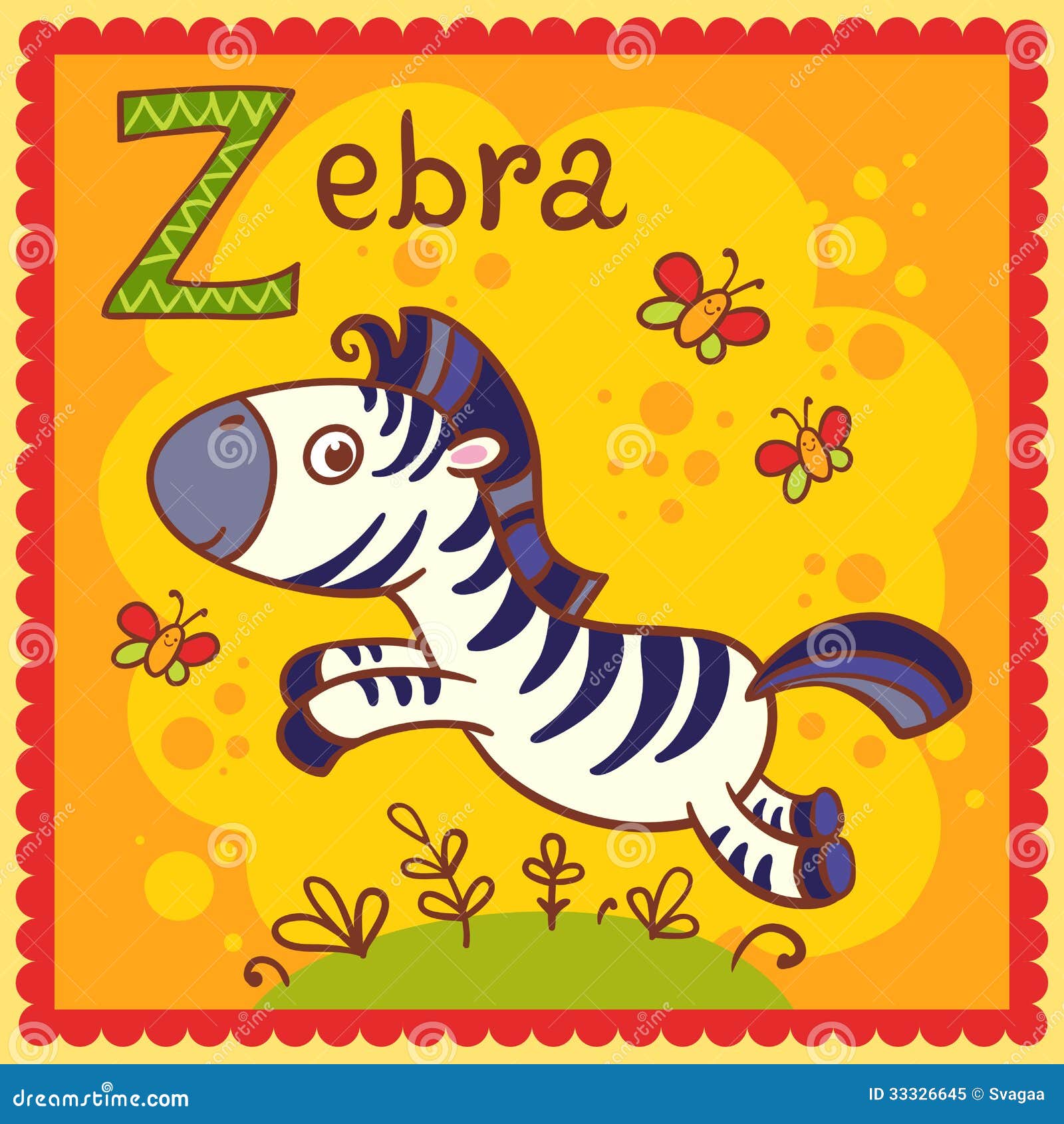 Erläuterter Alphabetbuchstabe Z und Zebra. Tieralphabet für die Kinder