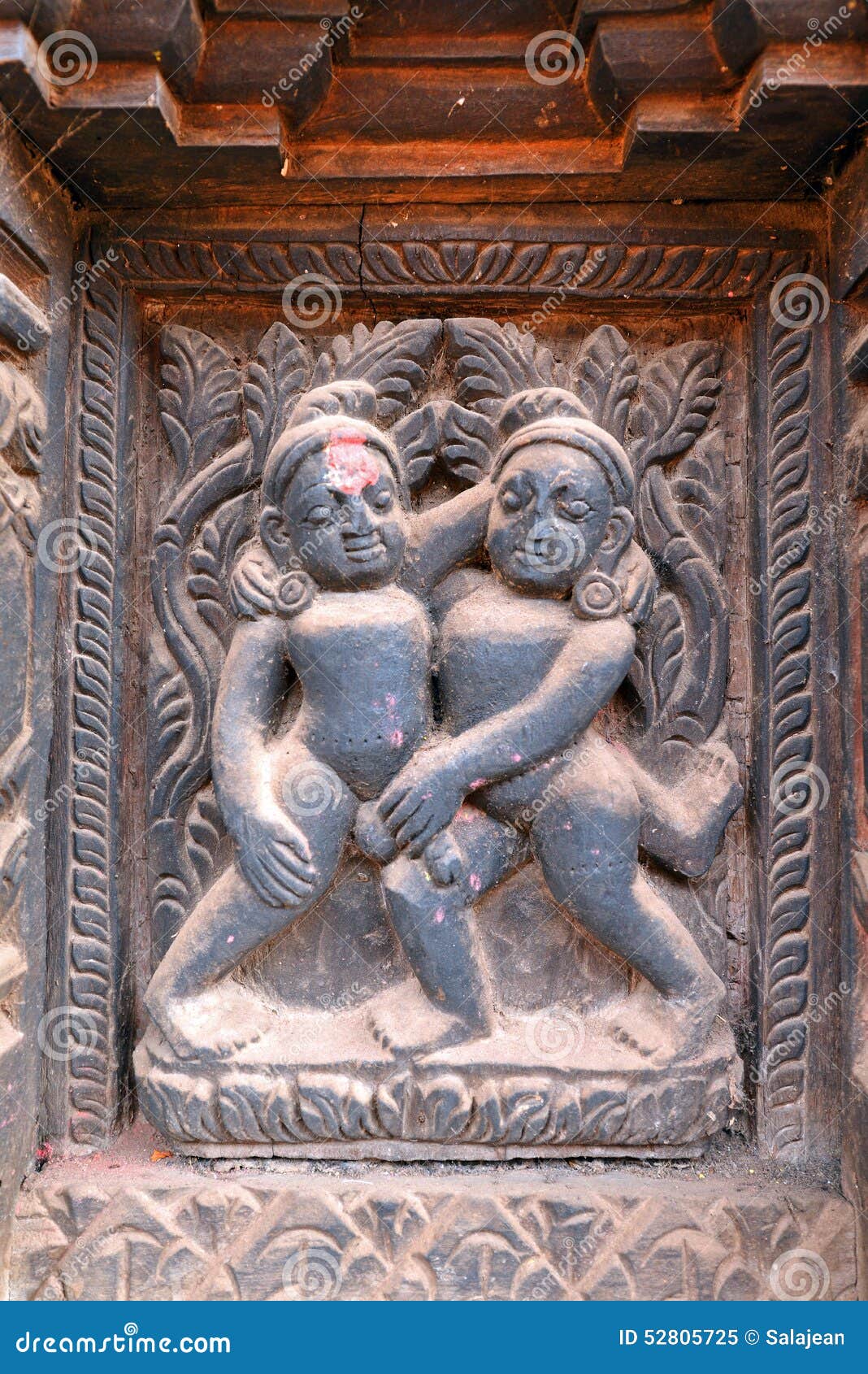 Erotic Wooden Carving Motif on a Hindu Temple in Nepal Stock Image