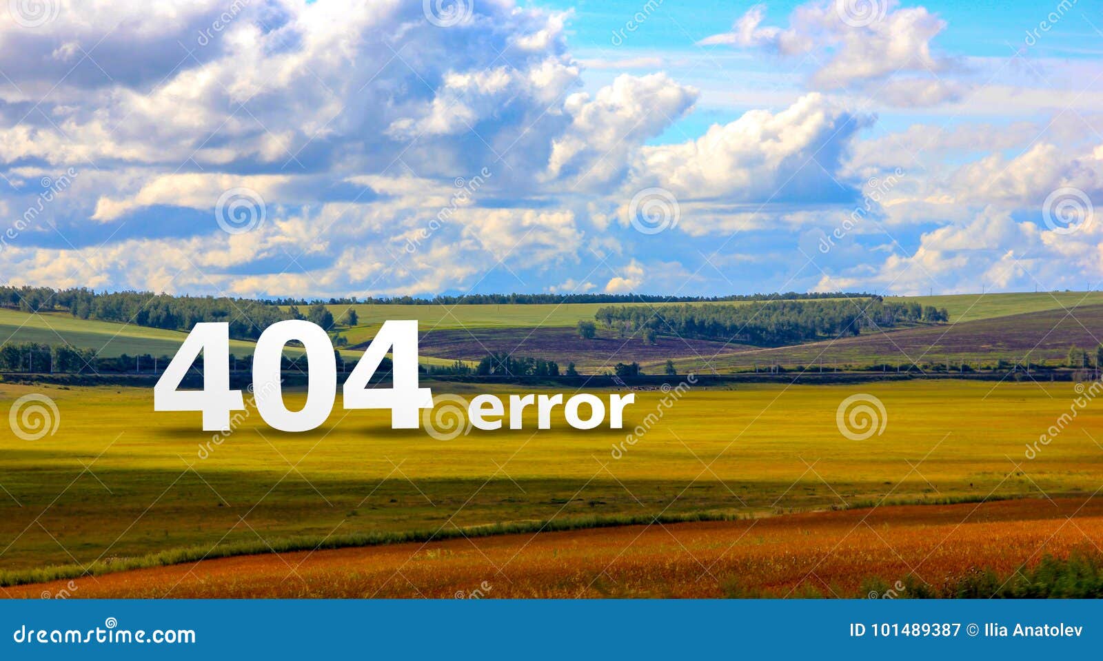 error 404 page on bright colorful field landscape with a stylized watercolor frame