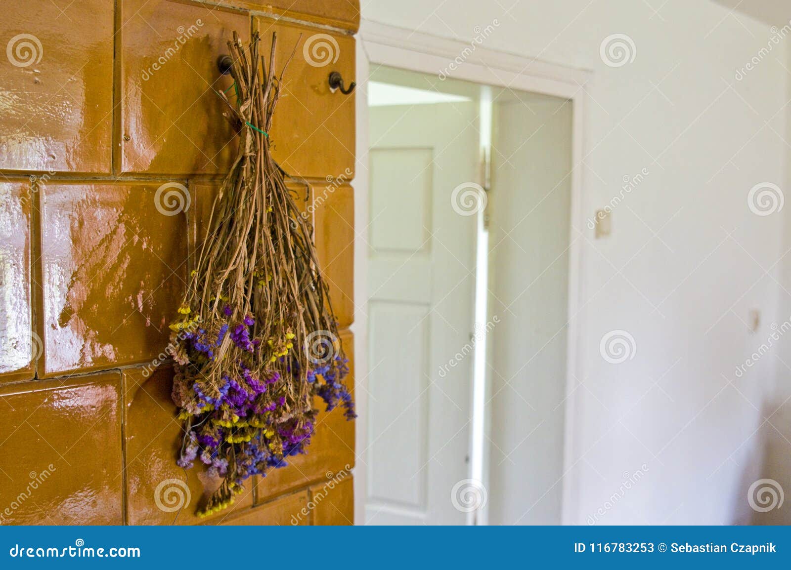 Ervas violetas que penduram na fornalha velha da casa. A violeta secou as ervas que penduram em uma fornalha cerâmica velha da casa, fonte de calor para uma casa rural retro no Polônia Conceito de design de interiores do vintage Arquitetura abstrata