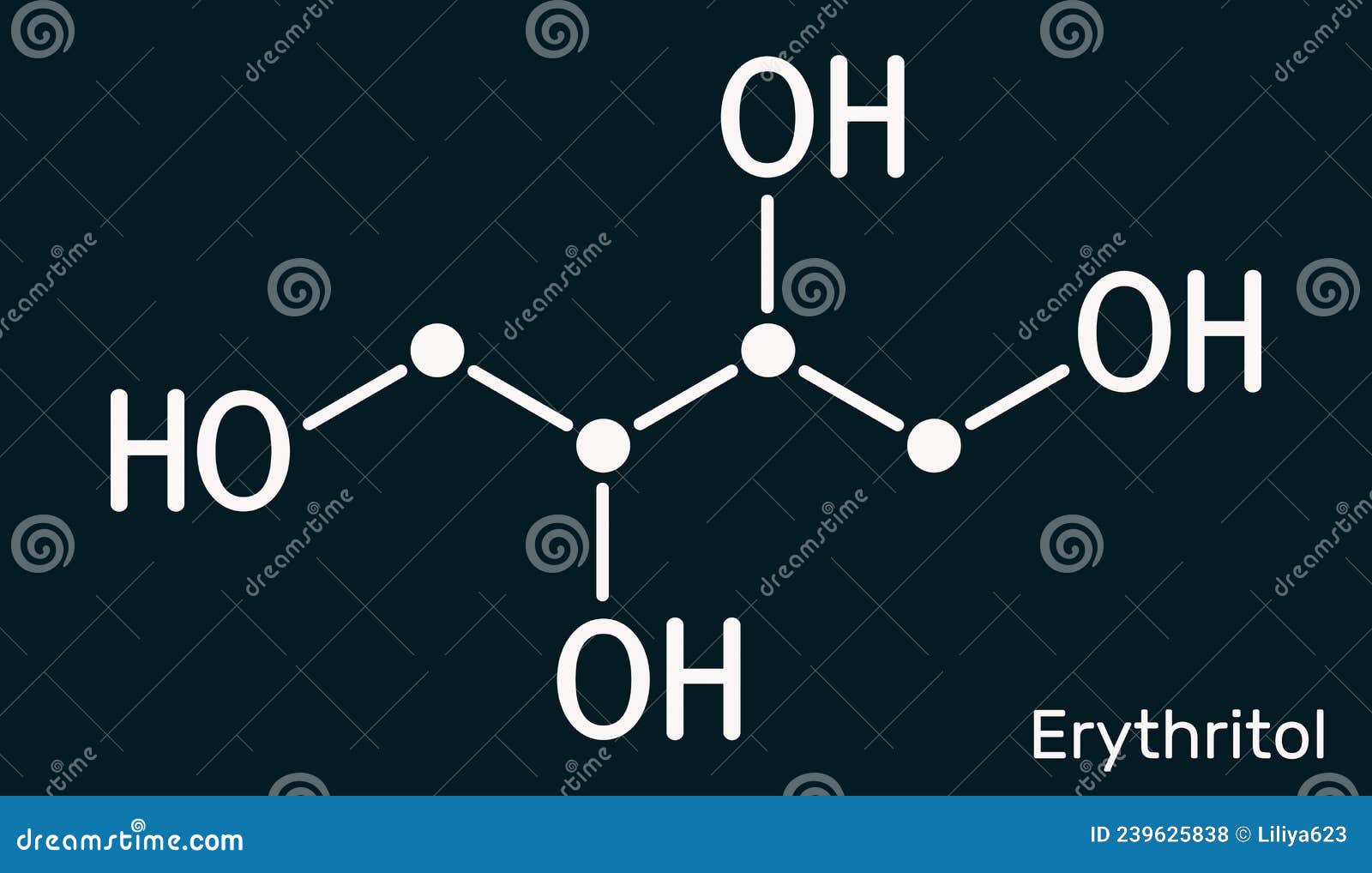 erythritol molecule. it is sugar alcohol or polyol, food additive, sugar substitute, e968, is found in algae, fungi, lichens.