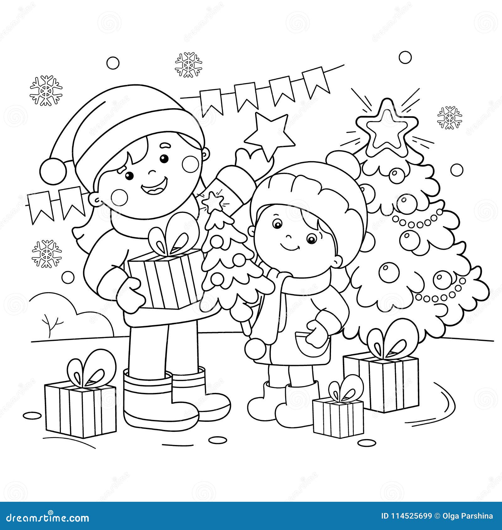 Desenho Da Página De Colorir Da Menina Com Presentes Na Árvore De Natal.  Natal. Ano Novo. Livro De Colorir Para Crianças Royalty Free SVG, Cliparts,  Vetores, e Ilustrações Stock. Image 99451269