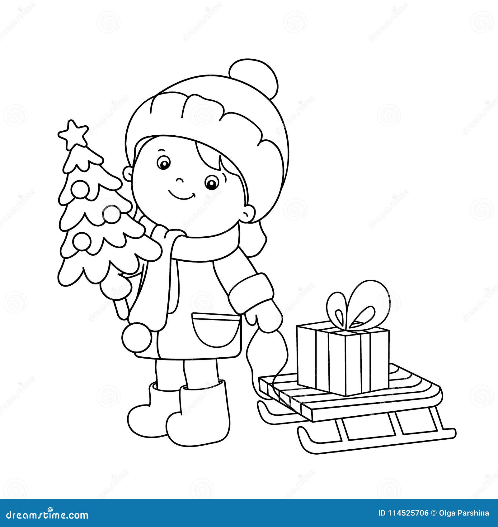 Desenho de menino de natal e árvore de natal para colorir