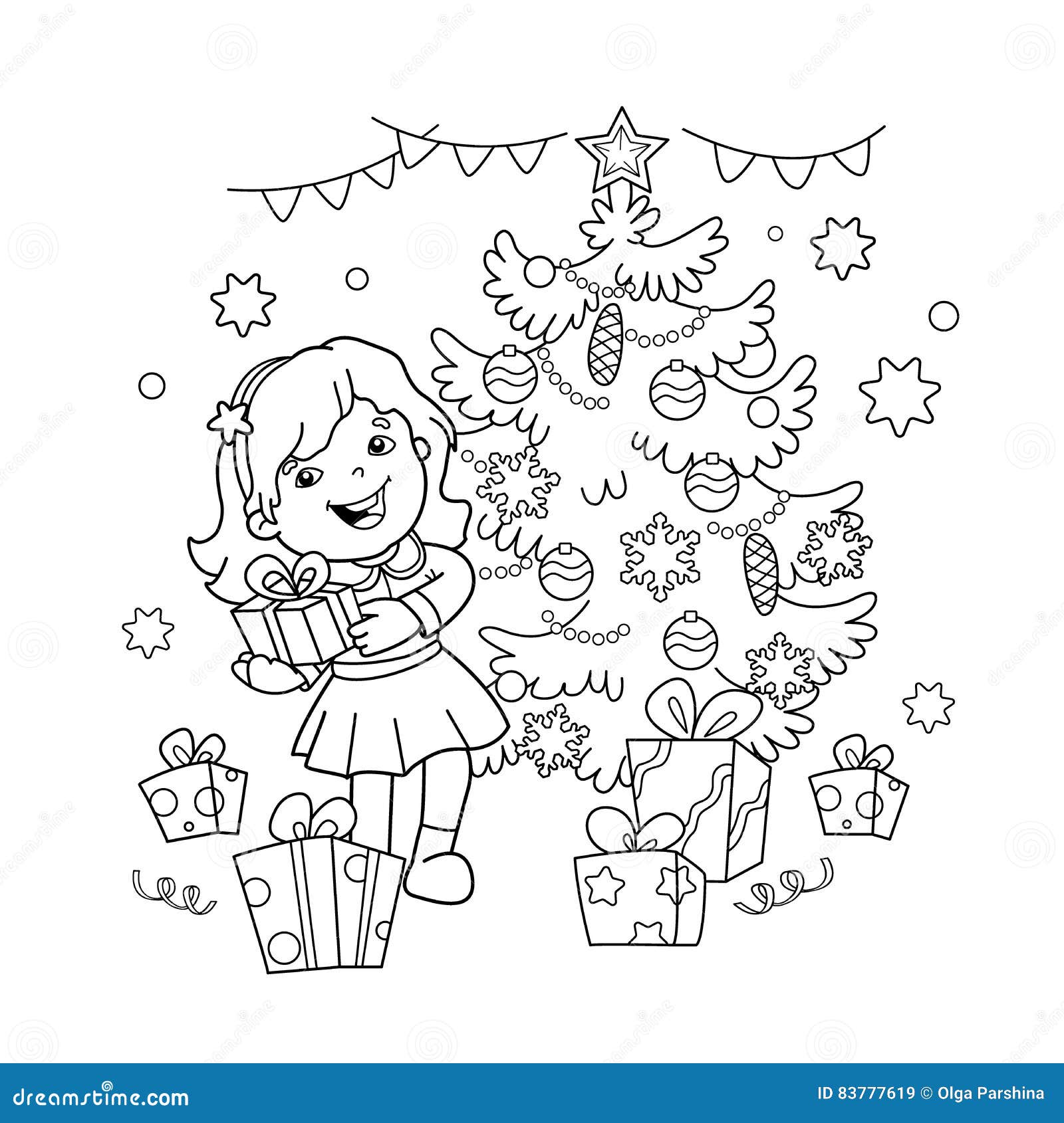 Desenho da página de colorir de menina dos desenhos animados que decoram a  árvore de Natal com presentes. No Natal. Ano Novo. Livro para colorir para  crianças imagem vetorial de Oleon17© 136833600