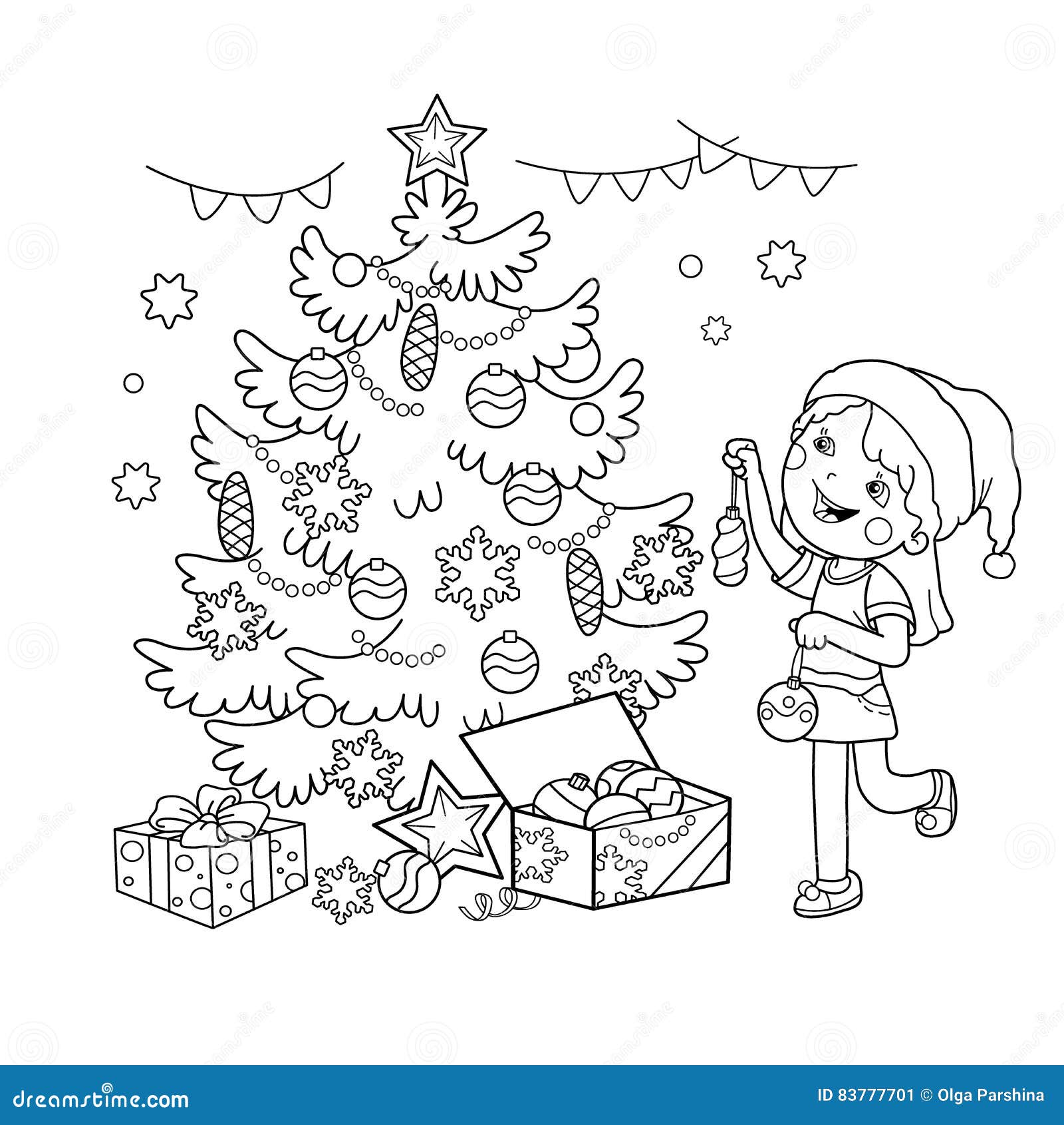 Esboço Da Página Da Coloração Da Menina Dos Desenhos Animados Que Decora a  árvore De Natal Com Presentes Natal Ano Novo Livro Par Ilustração do Vetor  - Ilustração de festivo, esfera: 83777701