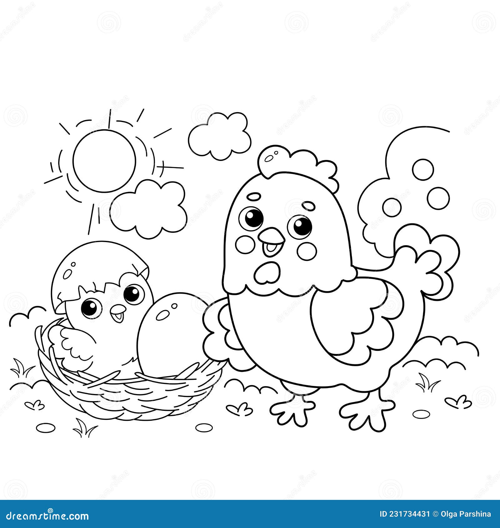 Esboço Da Página De Colorir Frango Ou Galinha Cartoon Com Pintinho  Recém-nascido. Ninho Com Ovo. Livro De Coloração Para Crianças Ilustração  do Vetor - Ilustração de animal, linha: 231734431