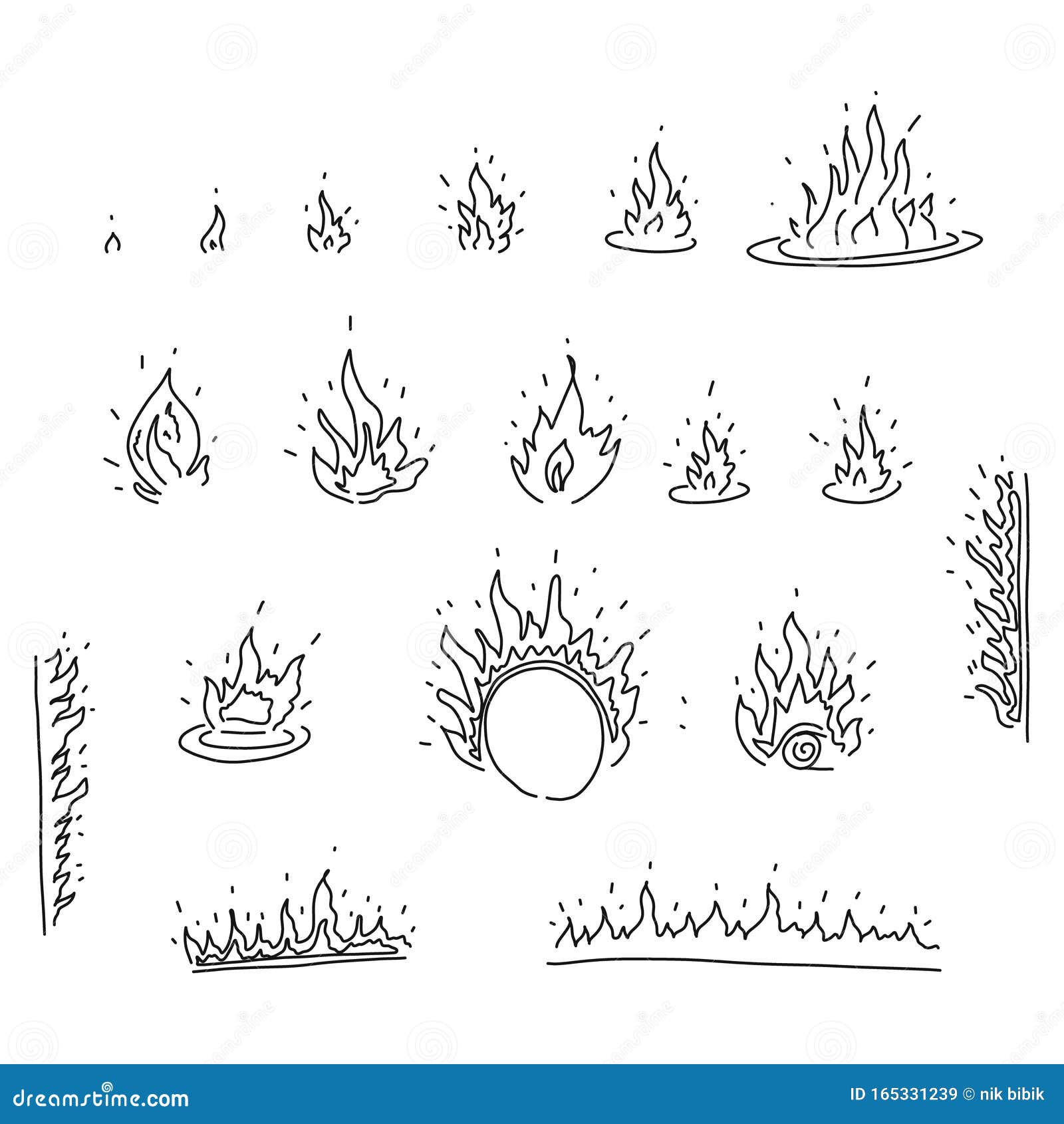 Ícones de fogo desenhados à mão ícones de chamas de fogo vector mão  desenhada doodle esboço fogo preto e branco desenho simples símbolo de fogo