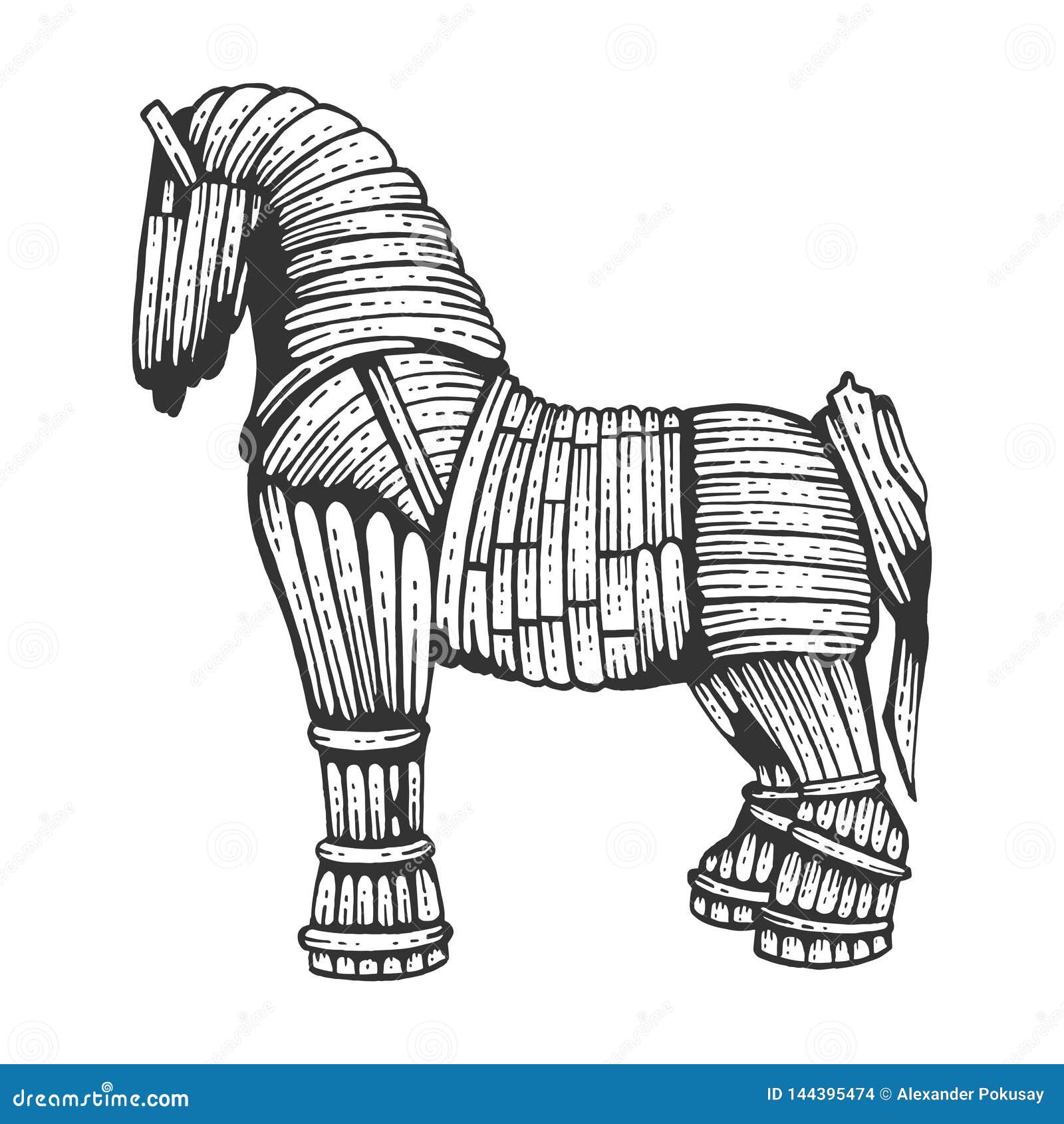 Ilustração Do Vetor Da Gravura Do Cavalo De Troia. Figura De Madeira Do  Cavalo Raspe A Imitação Do Estilo Da Placa. Imagem Desenhada De Mão. Fotos,  retratos, imágenes y fotografía de archivo