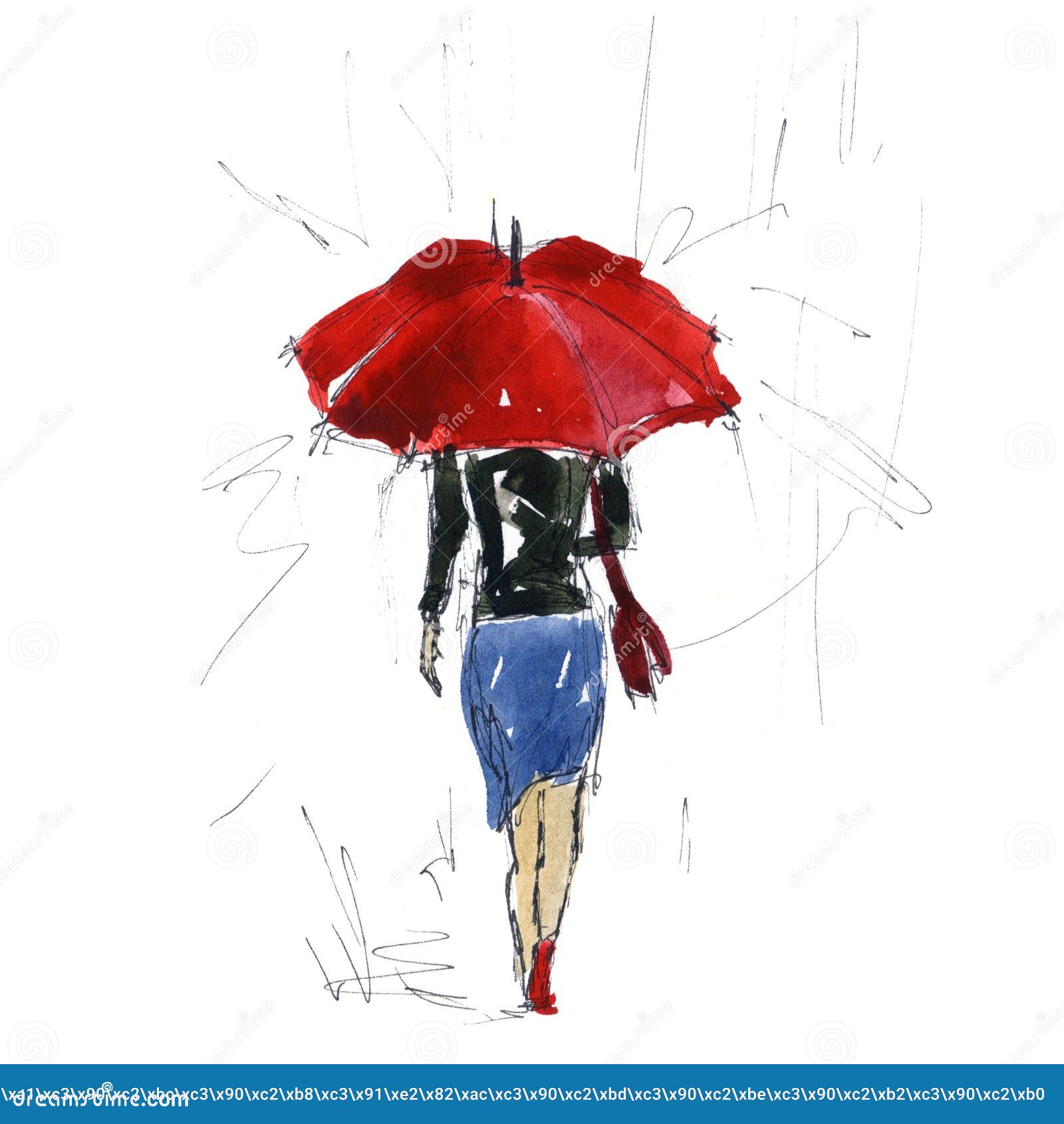 Esbozo De Una Chica Bajo Un Paraguas Rojo Bajo La Lluvia - Ilustración De  Acuarela Hecha a Mano Stock de ilustración - Ilustración de rubio, cara:  168955779
