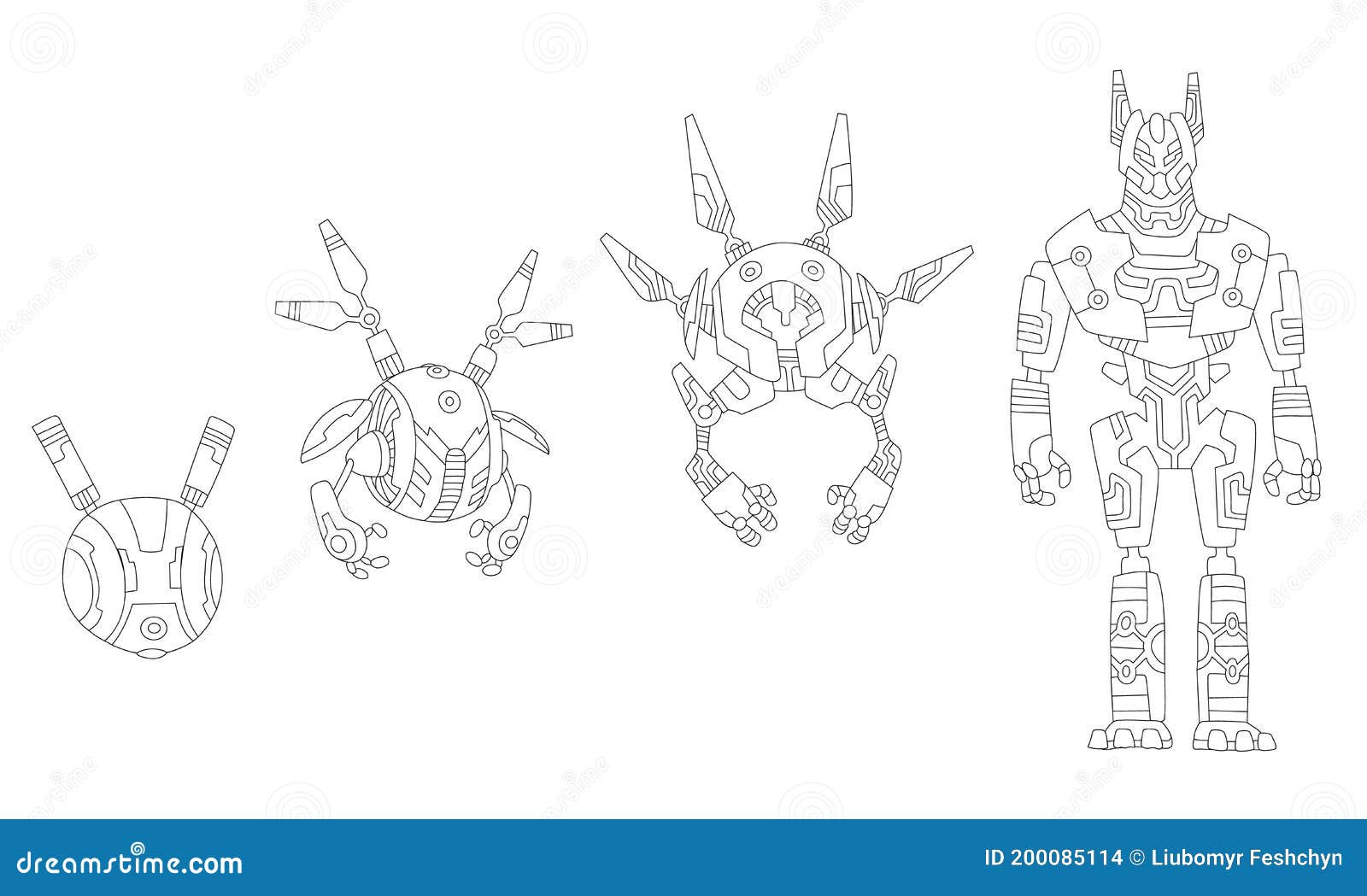Esbozos Robóticos Evolución Del Dibujo De Líneas Del Concepto De Robots  Robots Isométricos Vectoriales Desde Máquinas Simples De Ilustración del  Vector - Ilustración de bosquejo, militar: 200085114