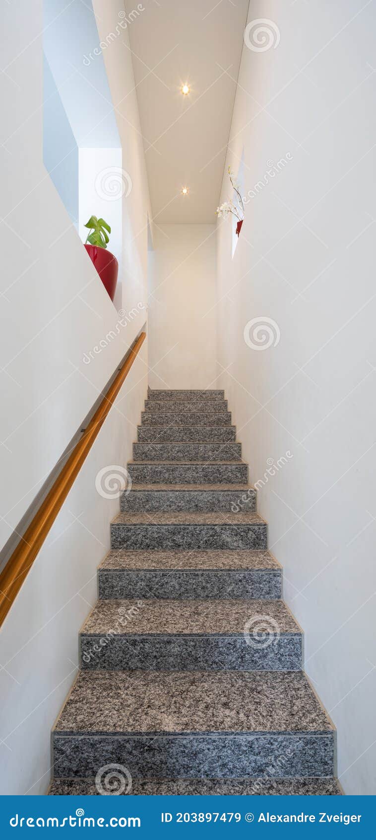 Escalera De Mármol Con Pasamanos De Madera Y Focos En Una Casa