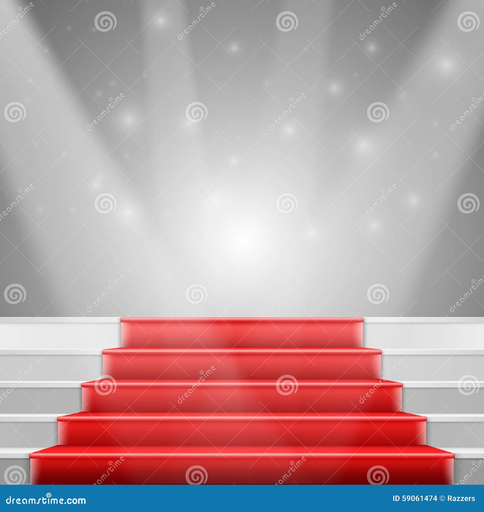 Escaleras fotorrealistas del vector con la alfombra roja y el lujo brillante E. Ejemplo de las escaleras fotorrealistas del vector con la alfombra roja y el fondo de lujo brillante del evento