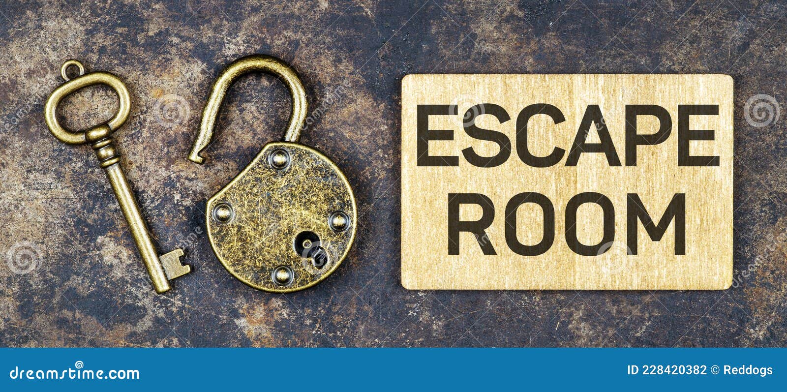escape room game concept, old vintage key and padlock
