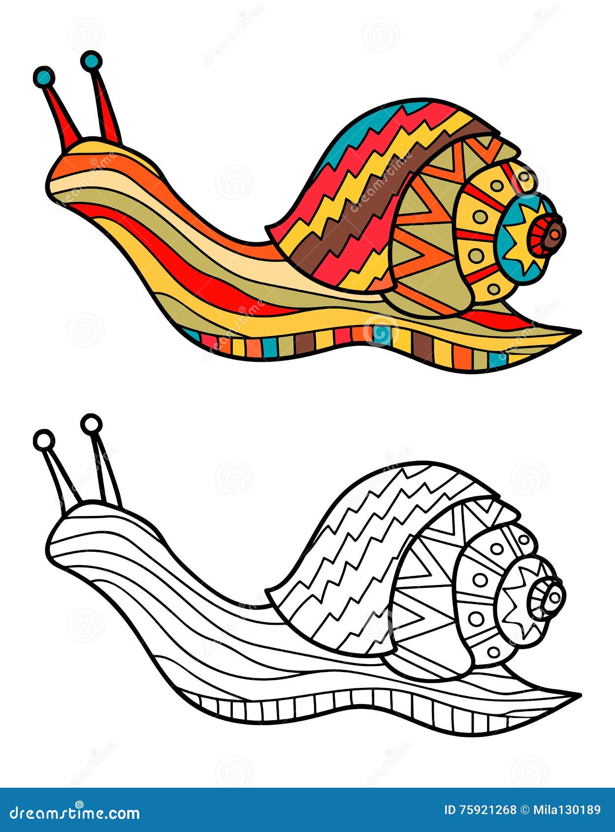 Escargot coloré et escargot en noir et blanc pour livre de coloriage Mod¨le dans le style de griffonnage Illustration de vecteur