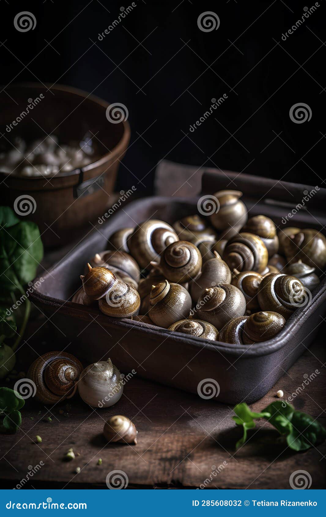 Escargot Snails in Container on the Table in Rustic Kitchen Stock
