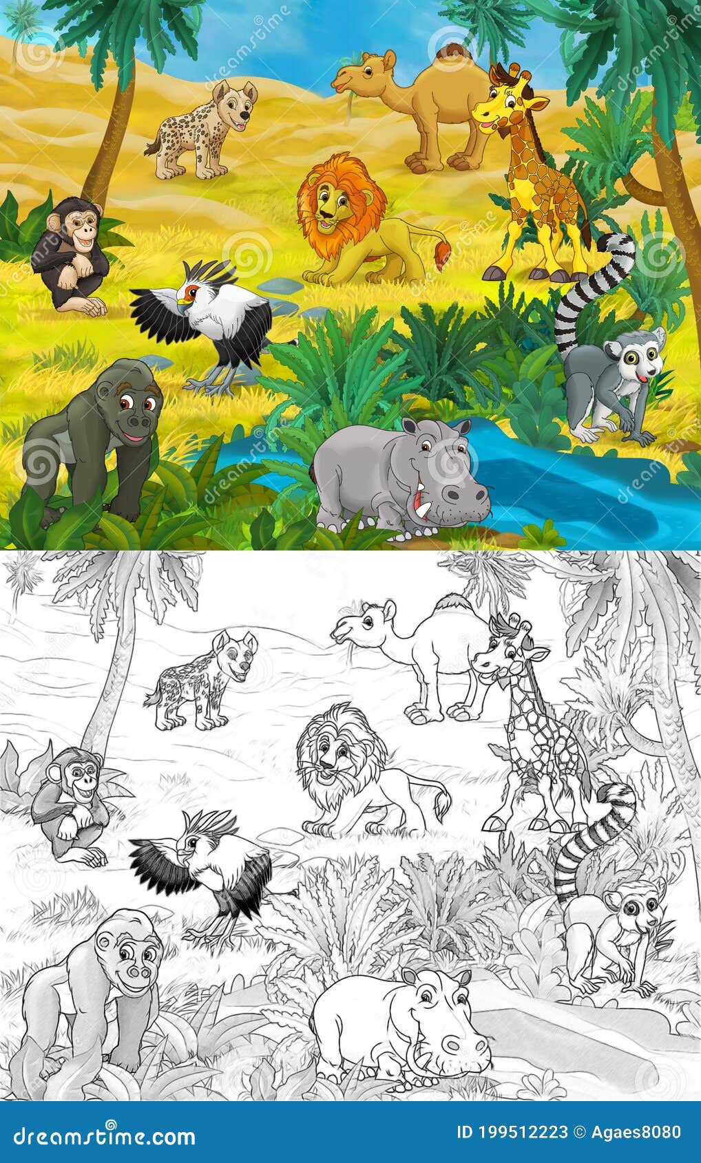 Escena De Boceto De Dibujos Animados Con Diferentes Animales Como El  Zoológico - Ilustración Imagen de archivo - Imagen de elefante, amigos:  199512223
