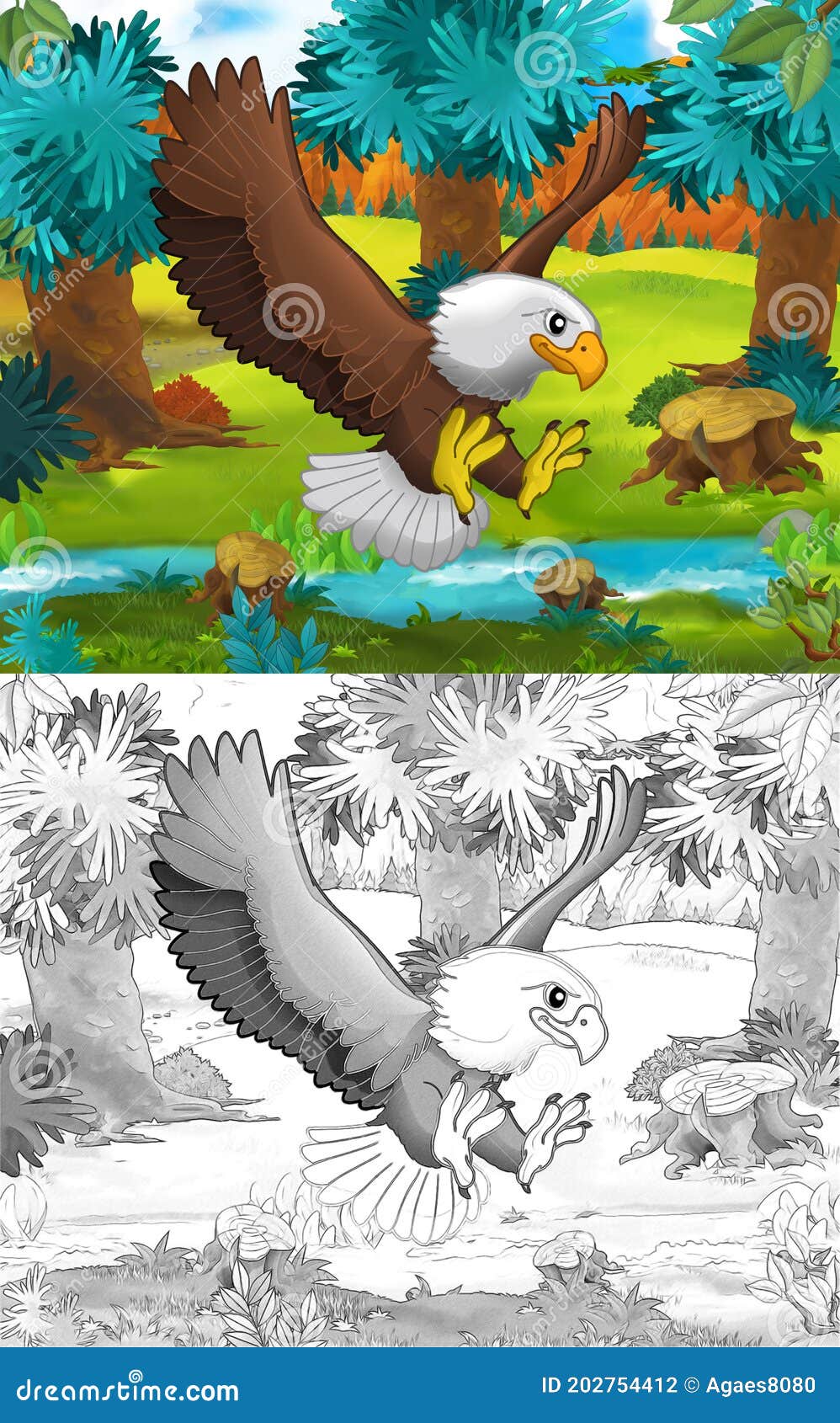 Escena De Caricatura Con águila De Ave Salvaje En La Ilustración De La  Naturaleza Stock de ilustración - Ilustración de caricatura, lindo:  202754412