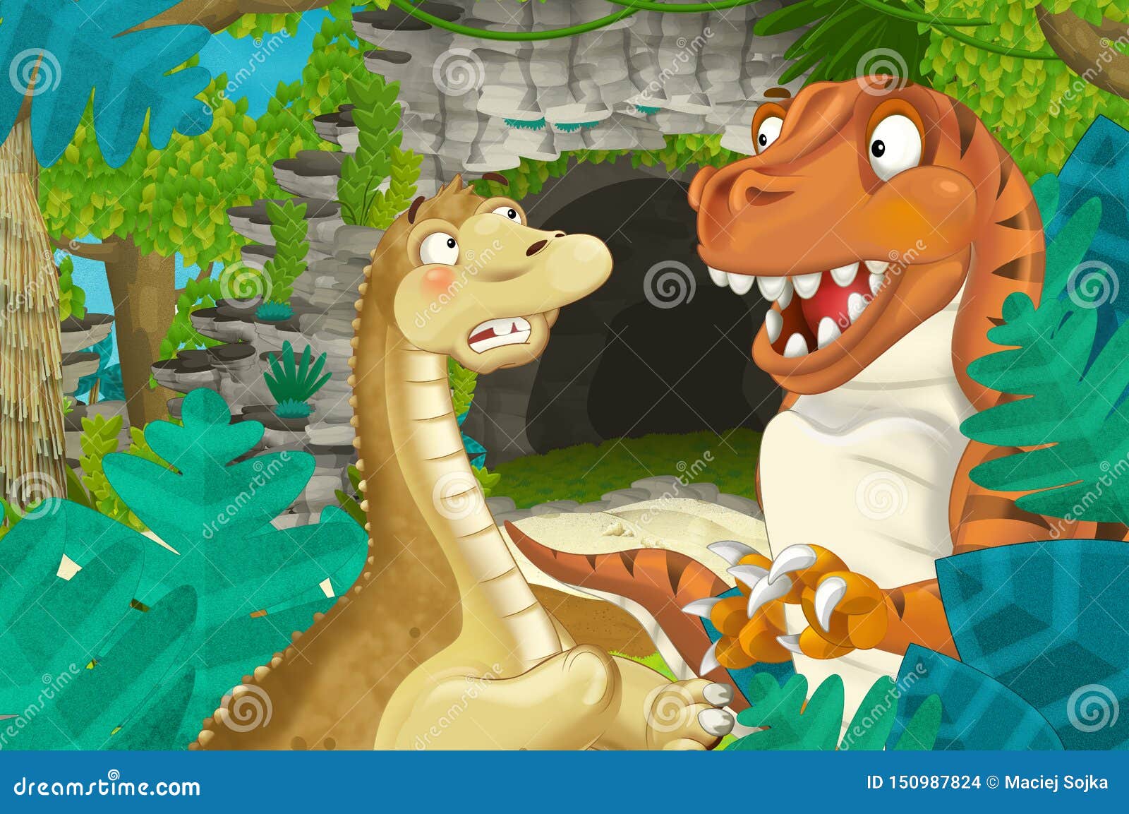 Escena De Caricaturas Con El Dinosaurio Apatosaurus Diplodocuments  Brontosaurus Con Otros Dinosaurios En La Selva - Ilustración P Stock de  ilustración - Ilustración de criatura, sonrisa: 150987824