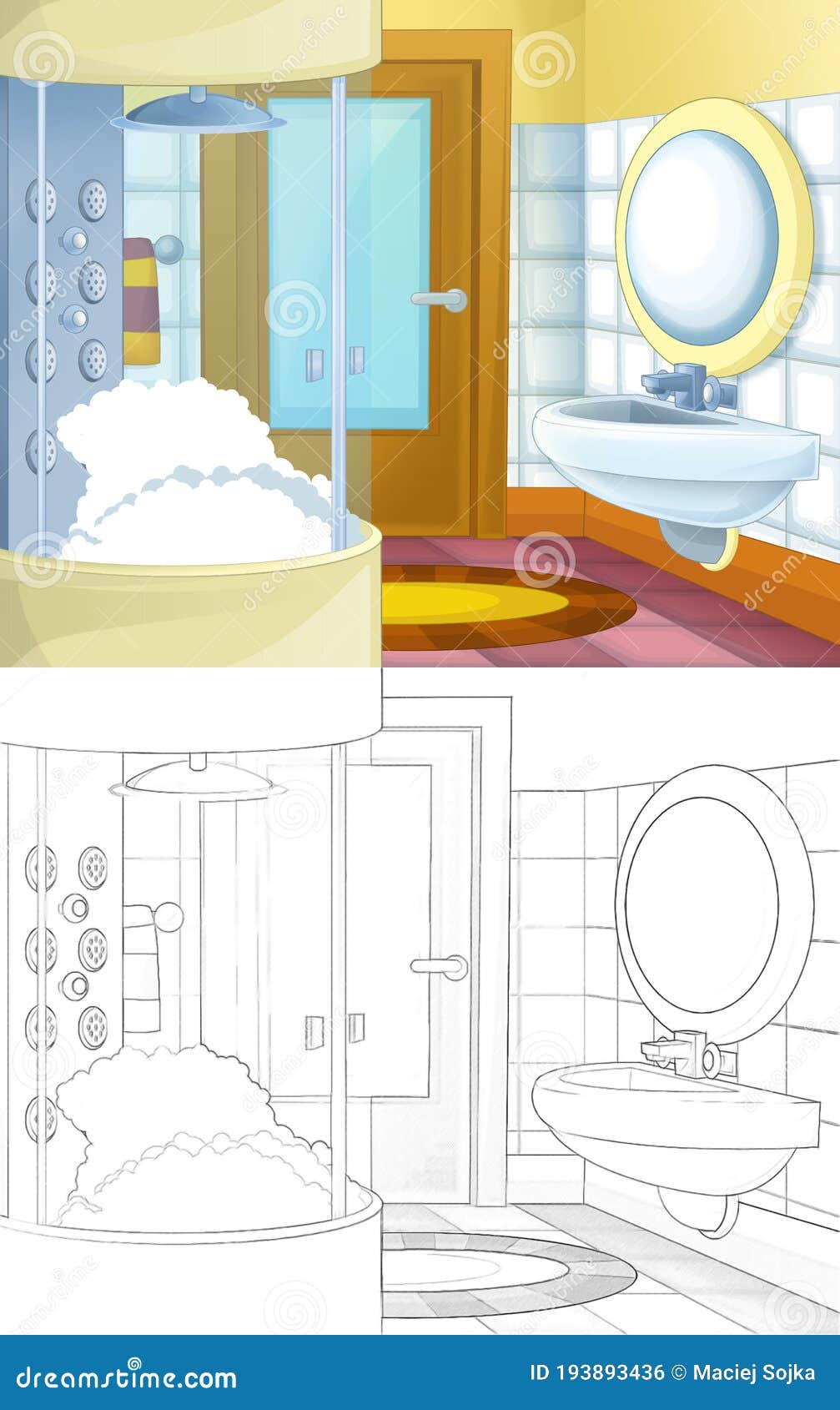 Escena De Dibujo Animado Con Ilustraciones De Baño Coloridas Stock de ilustración - Ilustración de grupo, casero: 193893436 Escena De Dibujo Animado Con Ilustraciones De Baño Coloridas Stock de ilustración - Ilustración de grupo, casero: 193893436