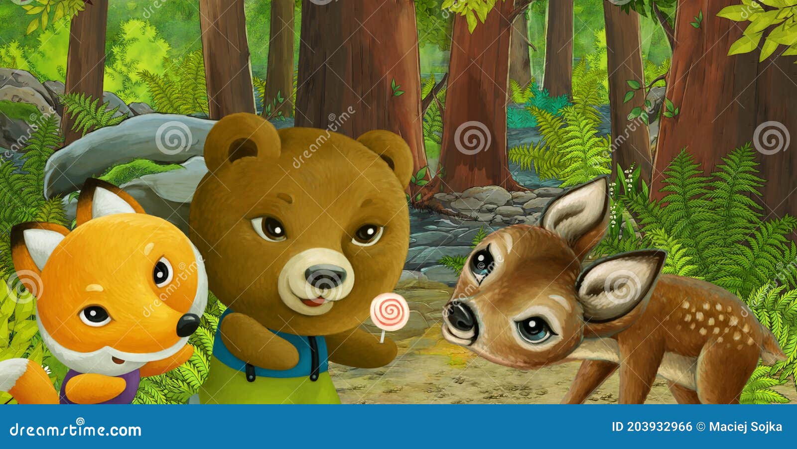 Escena De Dibujos Animados Con Animales Amigos En El Bosque Stock de  ilustración - Ilustración de camino, modelo: 203932966