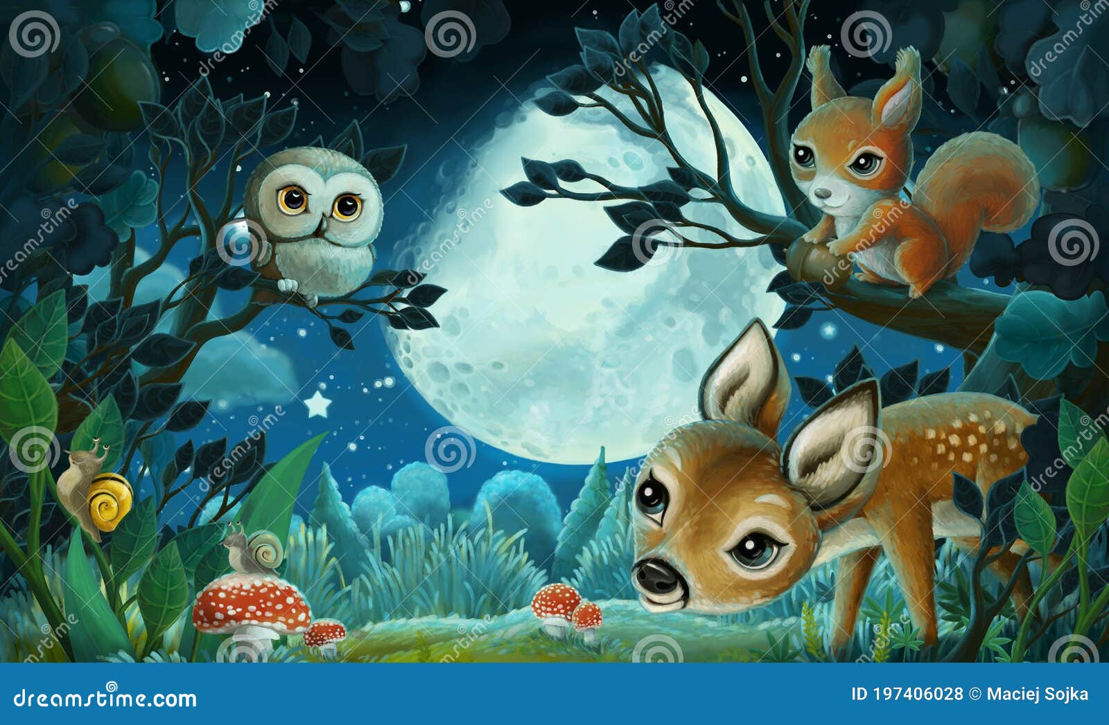 Escena De Dibujos Animados Con Animales Del Bosque Por Noche Ardilla Zorro Búho Ciervo - Ilustración Stock de ilustración - Ilustración de hermoso, hada: 197406028 Escena De Dibujos Animados Con Animales Del Bosque Por Noche Ardilla Zorro Búho Ciervo - Ilustración Stock de ilustración - Ilustración de hermoso, hada: 197406028