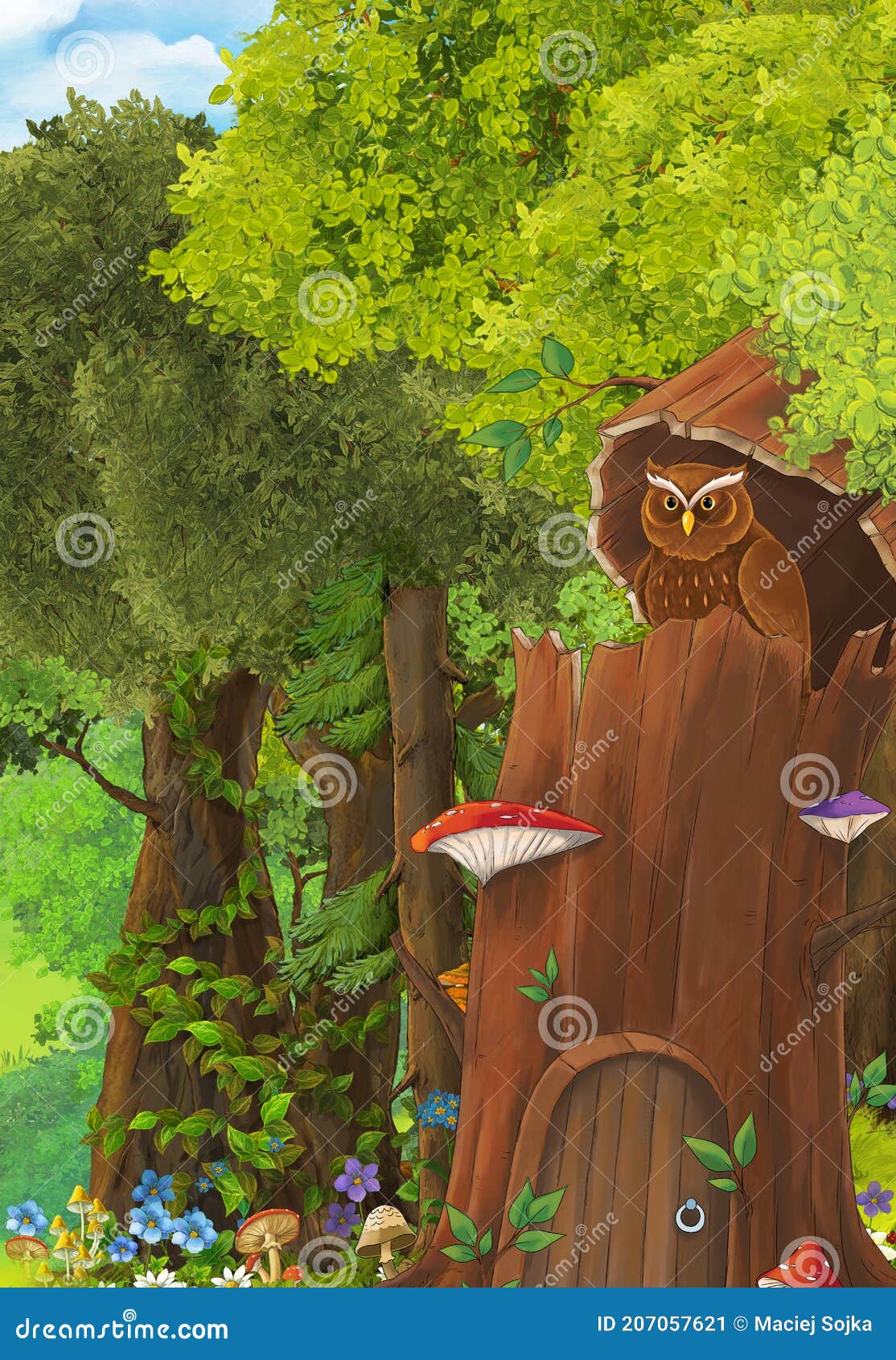 Escena De Dibujos Animados Con Búho Sentado En El árbol Cada Día Cerca De  La Ilustración Del Bosque Imagen de archivo - Imagen de puerta, cuento:  207057621
