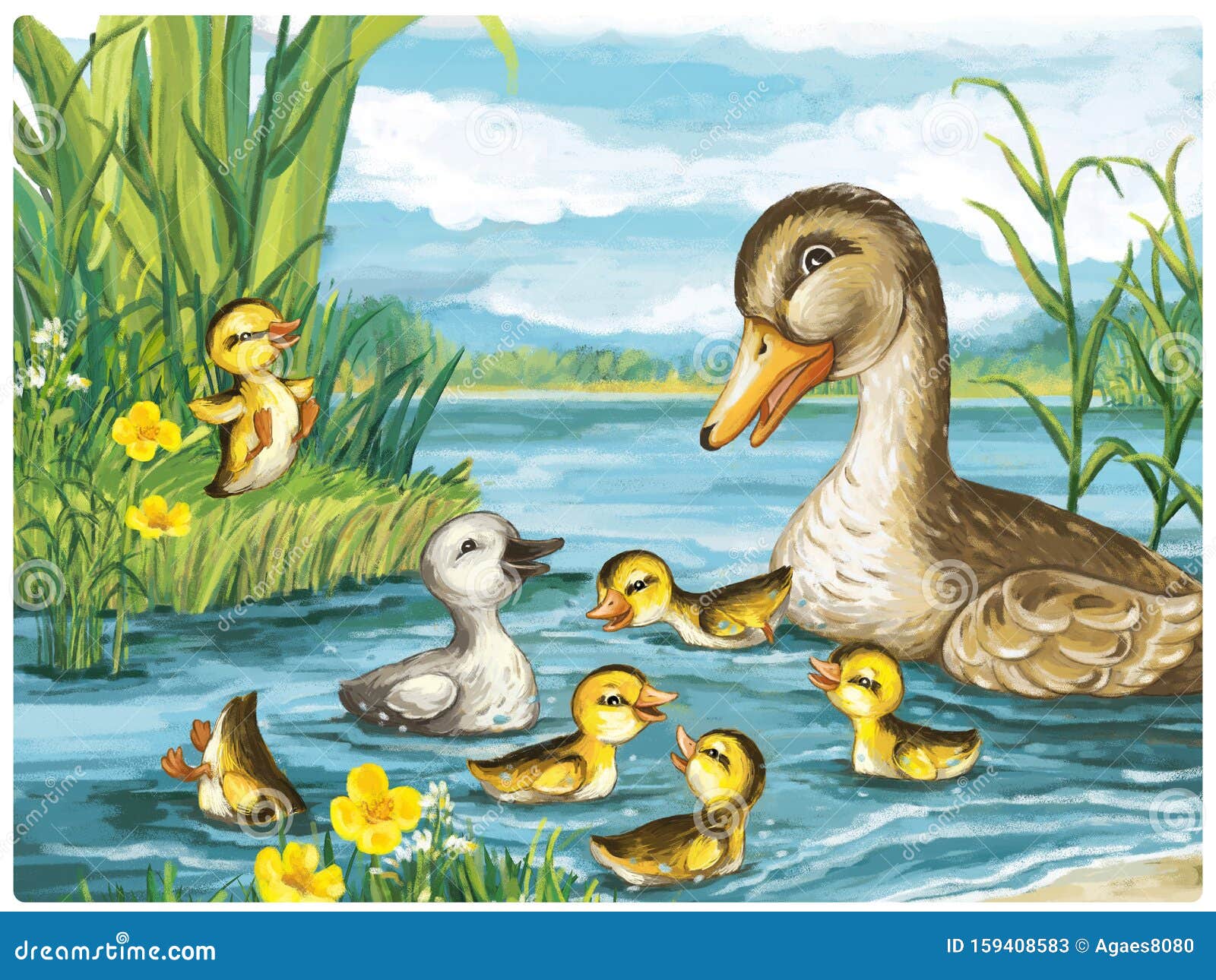 Escena De Dibujos Animados Con Patos En La Ilustración De La Escena De La  Naturaleza Para Niños Stock de ilustración - Ilustración de criatura,  animal: 159408583