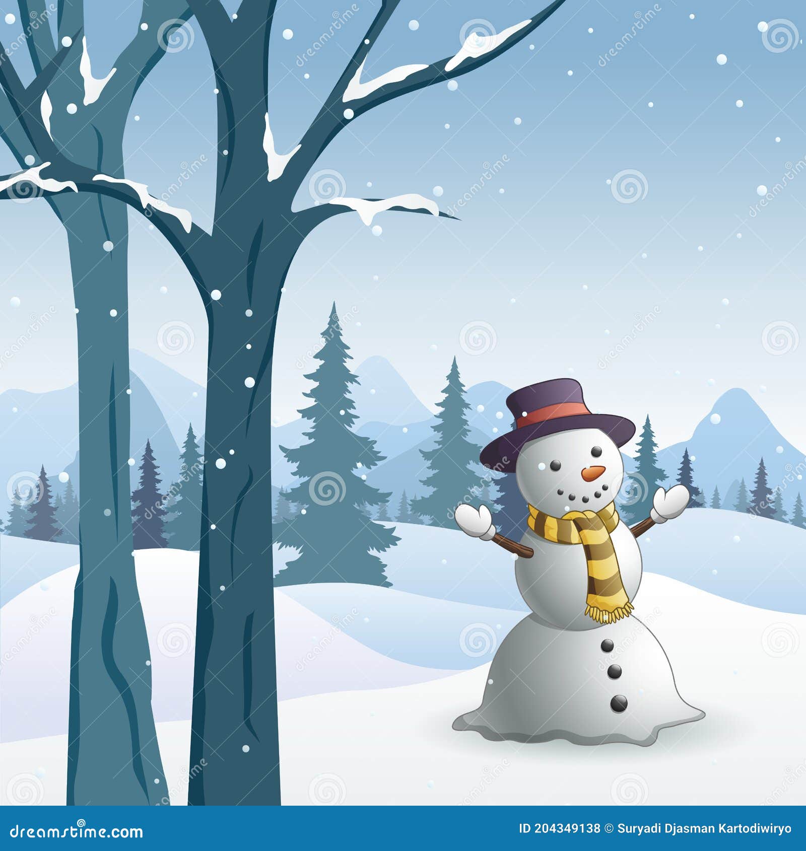 Escena De Invierno Con Un Mono De Nieve En Un Bosque Ilustración del Vector  - Ilustración de paisaje, congelado: 204349138