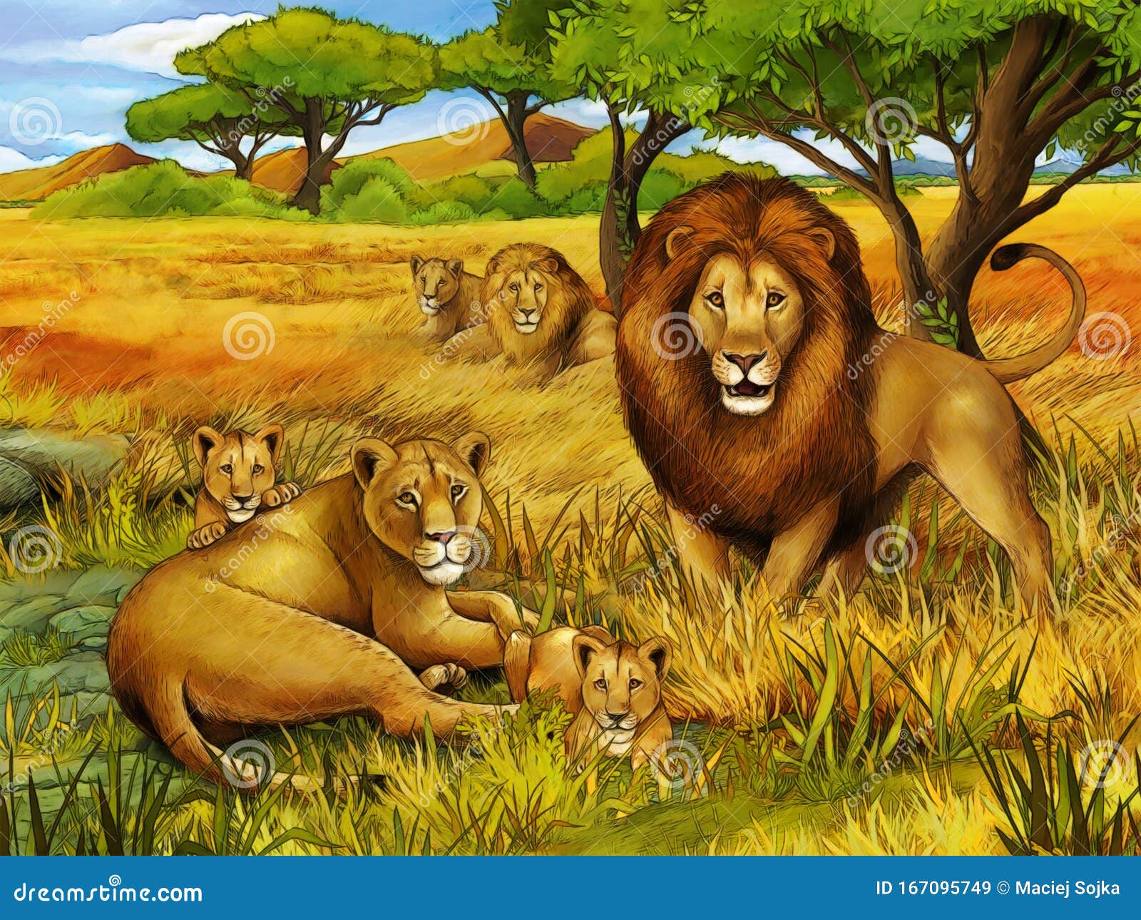 Escena De Safari Con Leones Descansando Y Elefante En La Ilustración De La  Pradera Para Niños Stock de ilustración - Ilustración de ambiente,  guepardo: 167095749