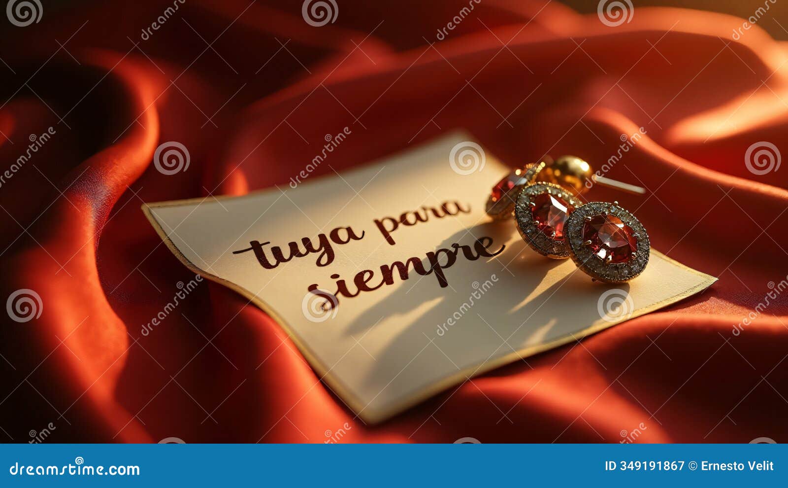 escena romÃ¡ntica con pendientes o reloj sobre terciopelo beige o rojo. por siempre tuya escrito en una tarjeta con bordes dorados