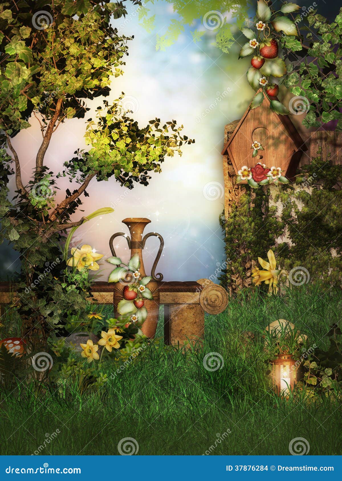 Escenario De La Fantasía En El Jardín Stock de ilustración