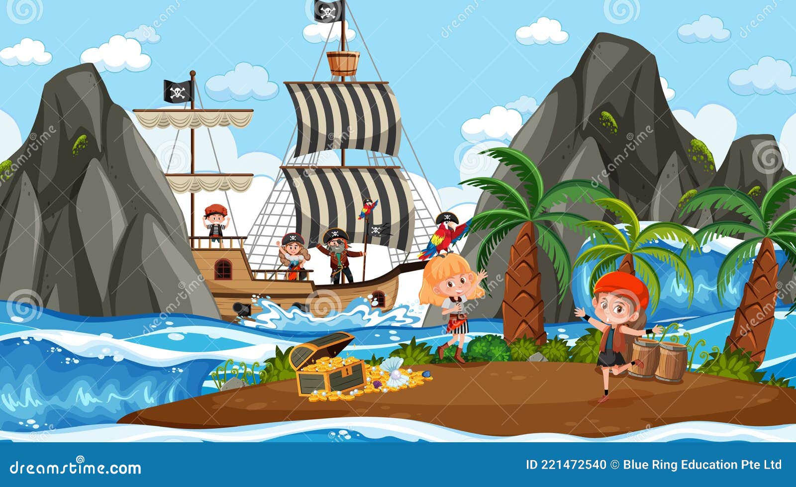 Escenario De La Isla Del Tesoro Durante El Día Con Niños Piratas  Ilustración del Vector - Ilustración de humano, historieta: 221472540