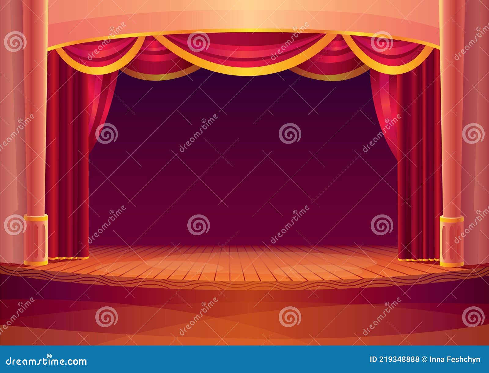 Escenario De Teatro Con Cortinas Rojas Y En La Luz. Ilustración De Dibujos  Animados Vector De Teatro Interior Con Escena De Madera Ilustración del  Vector - Ilustración de escena, material: 219348888