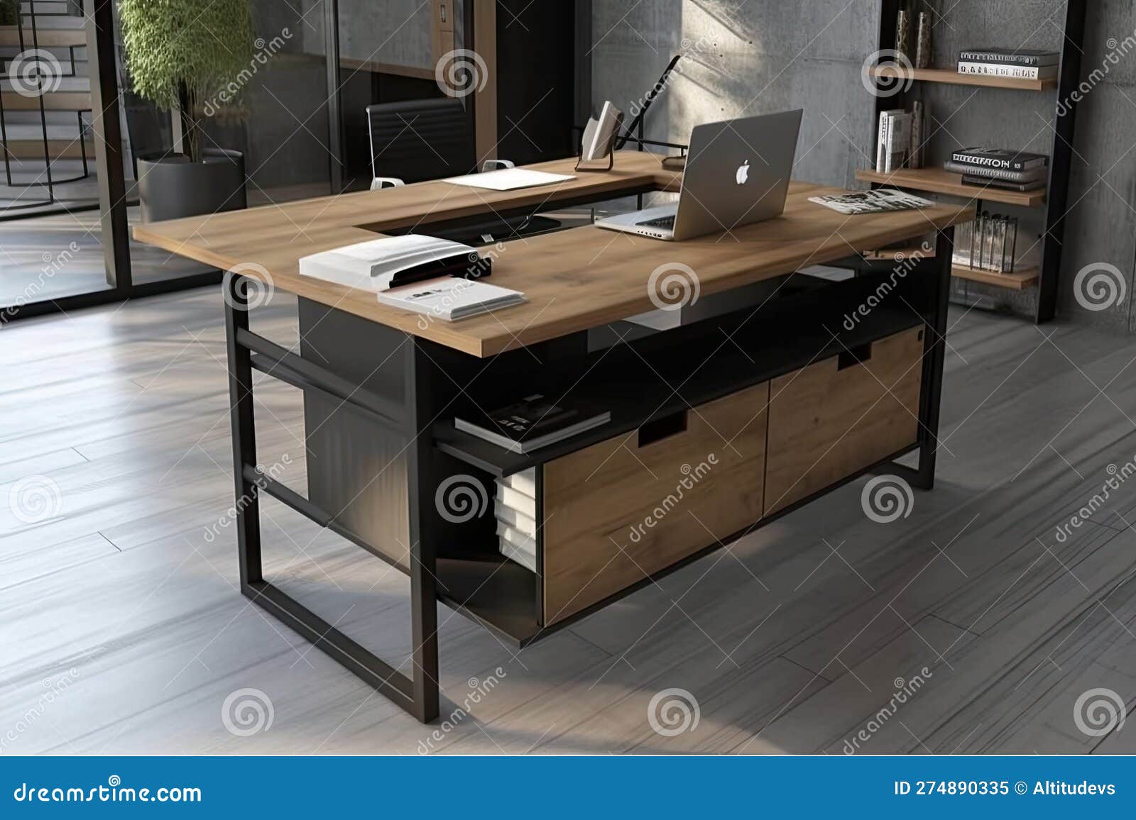 Escritorio Industrial Con Diseño Elegante Y Almacenamiento En Una Oficina  Moderna Stock de ilustración - Ilustración de madera, generado: 274890335
