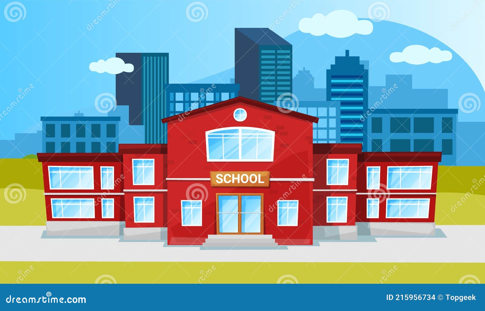 Escuela Edificio De Dos Pisos Rojo Construcción Dibujo Animado Estilo  Plano. Estructura Para Niños En El Paisaje Urbano Ilustración del Vector -  Ilustración de brillante, juego: 215956734