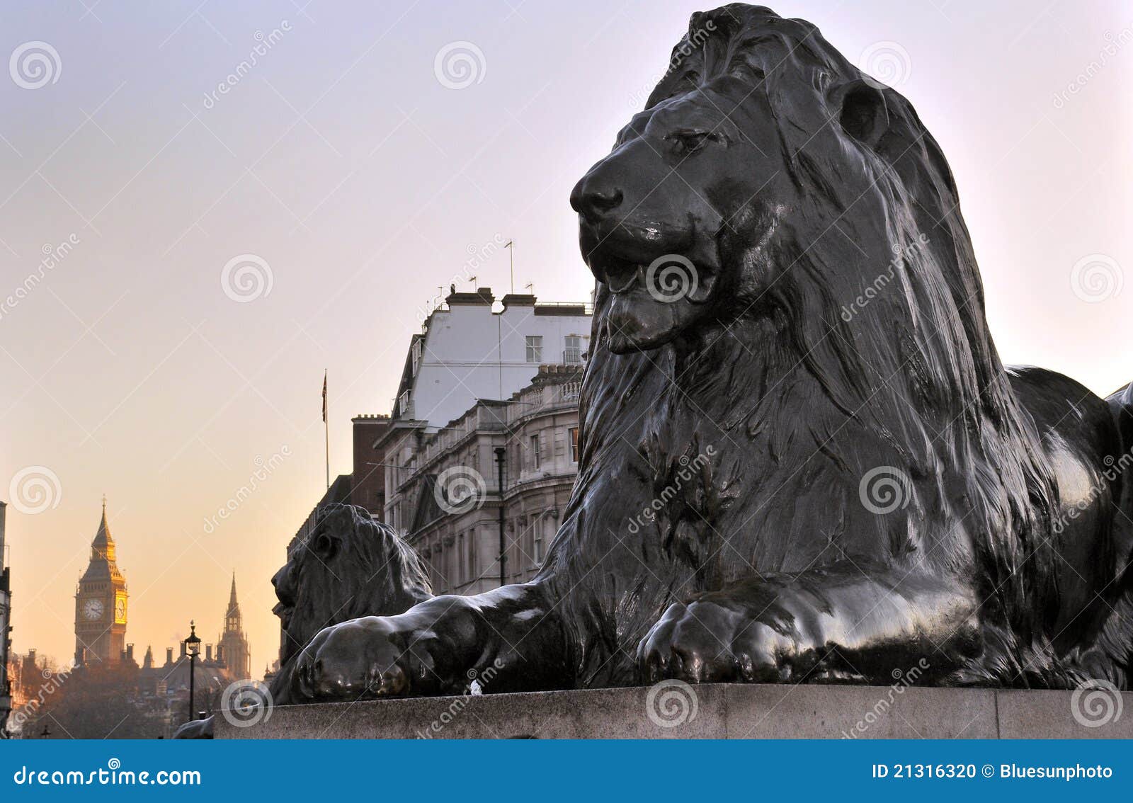 Escultura del león en el cuadrado de Trafalgar, Londres, Inglaterra. Con Ben grande en el fondo.