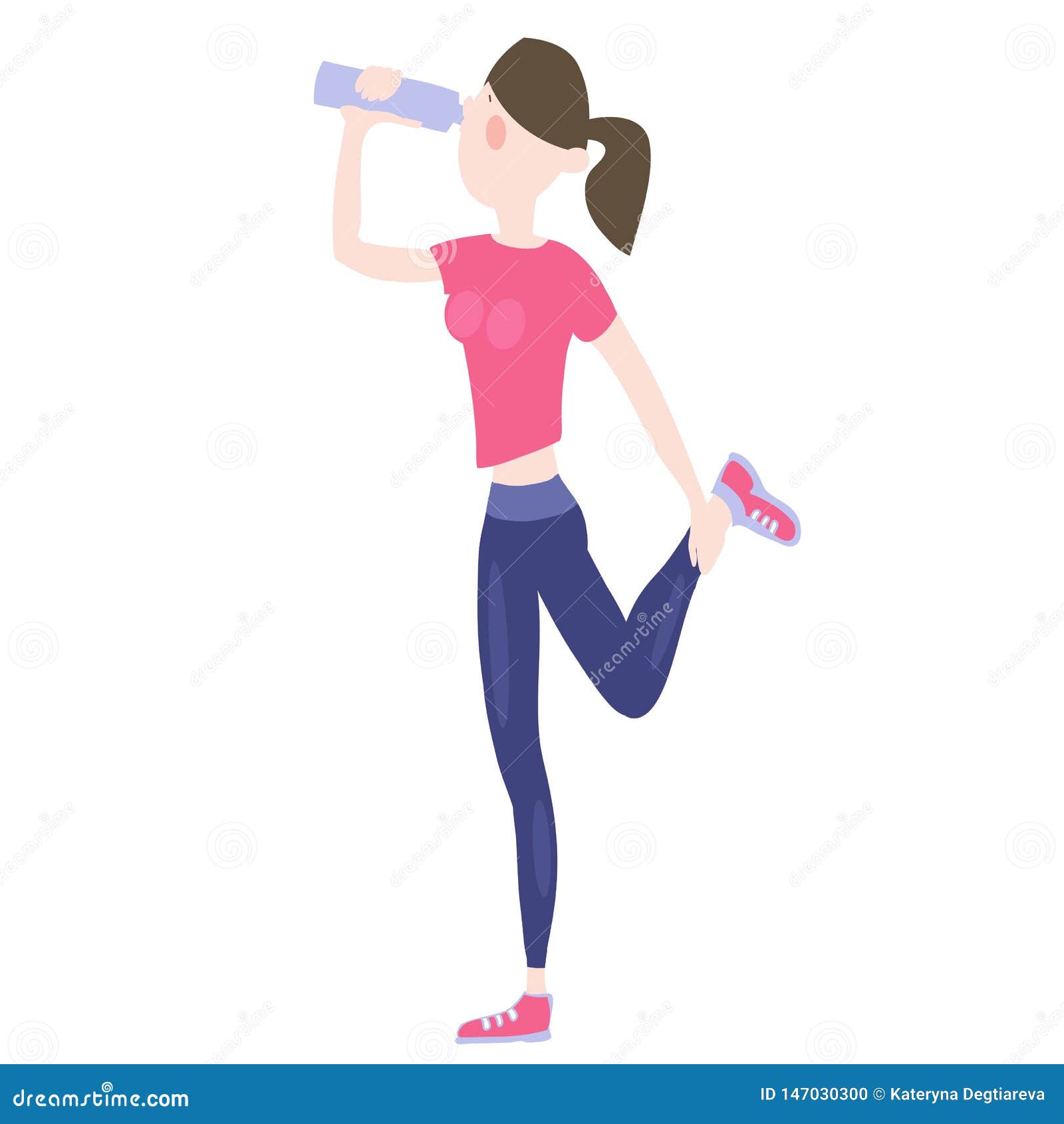 Esercitazioni atletiche. Ragazza che si esercita all'aperto, acqua potabile da una bottiglia mentre pareggiando, pareggiare di mattina, pareggiante dal parco, maratona, stile di vita sano attivo, personaggi dei cartoni animati, illustrazione di colore dentro