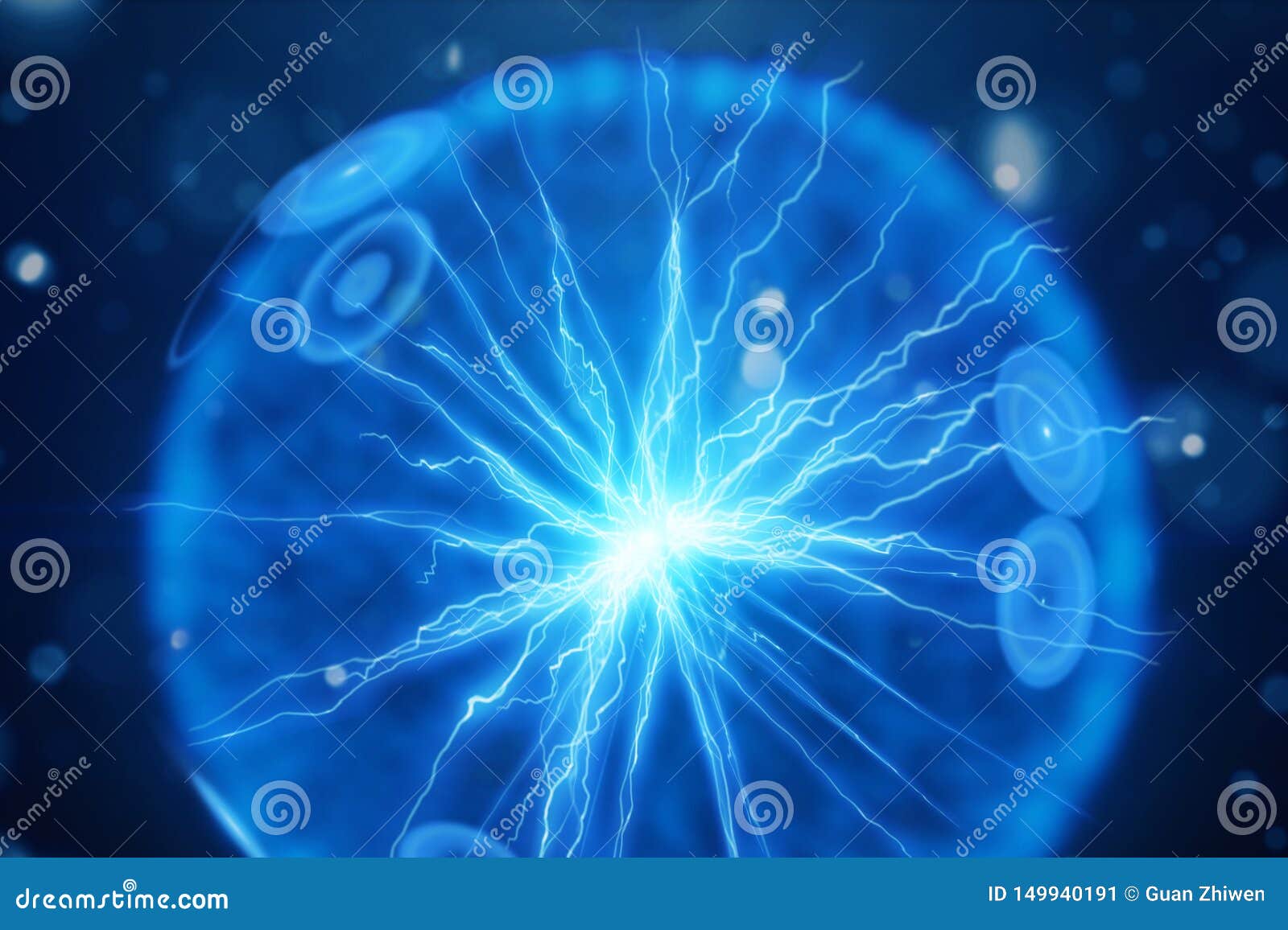 Fondo y objeto, bola de la ciencia abstracta de la esfera de la iluminación de la energía eléctrica con el fondo azul 3D representaci?n - ejemplo