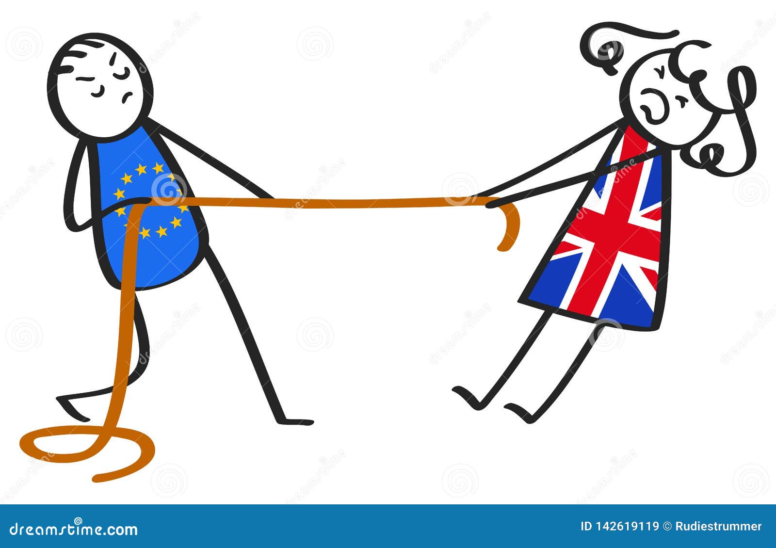 Esfuerzo supremo de Brexit entre UE y Gran Bretaña, figuras del palillo, hombre y mujer, metáfora, aislada en el fondo blanco
