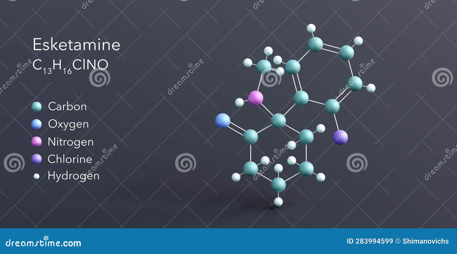 Esketamine Molecule 3d Rendering, Flat Molecular Structure with