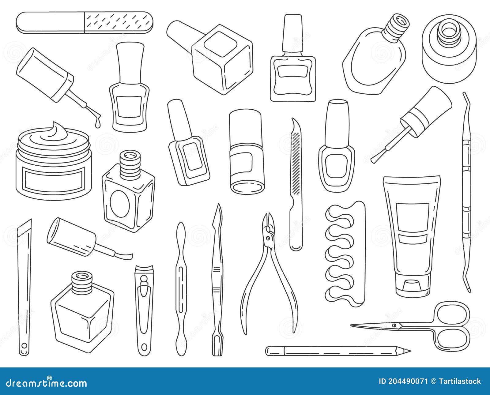 Esmalte De Uñas. Herramientas Y Accesorios Para Manicura Y Pedicura. Icono  Lineal De Salón Uñas Cuidado Crema De Mano Tijeras Arch Ilustración del  Vector - Ilustración de sala, encanto: 204490071