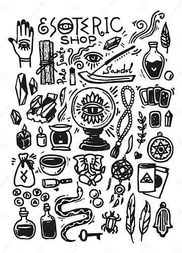 Esoteric Shop Doodles Collection. Illustration with Hand Drawn Magic ...