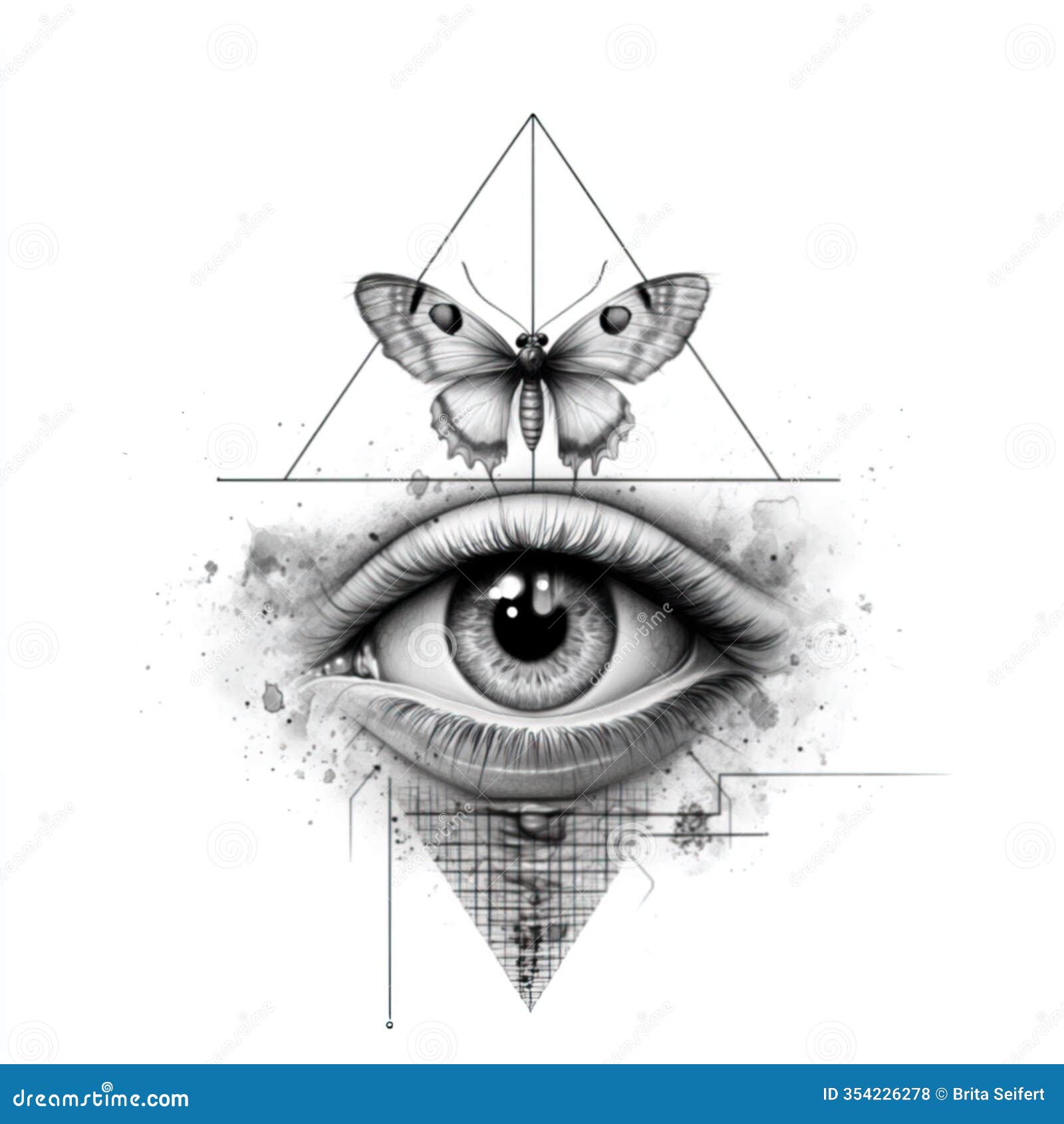 esoteric . a synthesis combining an eye illuminati style and a moth above it sketchy style, grayscale on white background