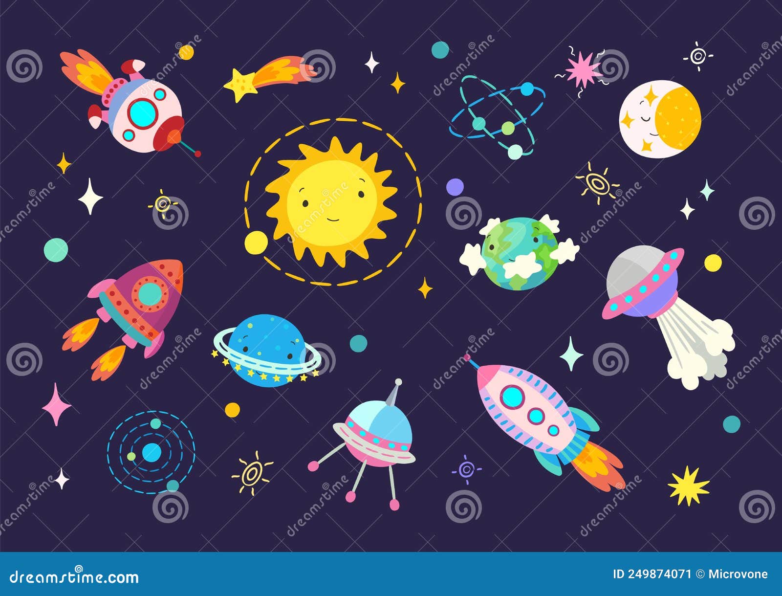 Desenhos animados planetas e naves espaciais. foguetes fantásticos
