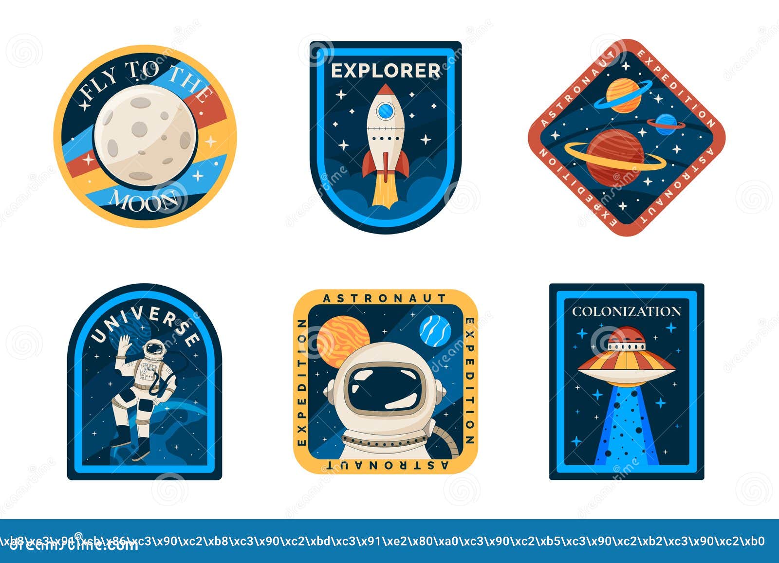 Espacio Astronauta Parche Colorido Etiqueta De Diseño De Logotipo O  Conjunto De Insignias. Calcomanías De Camisetas Para La Misión Ilustración  del Vector - Ilustración de bandera, divisa: 267094632