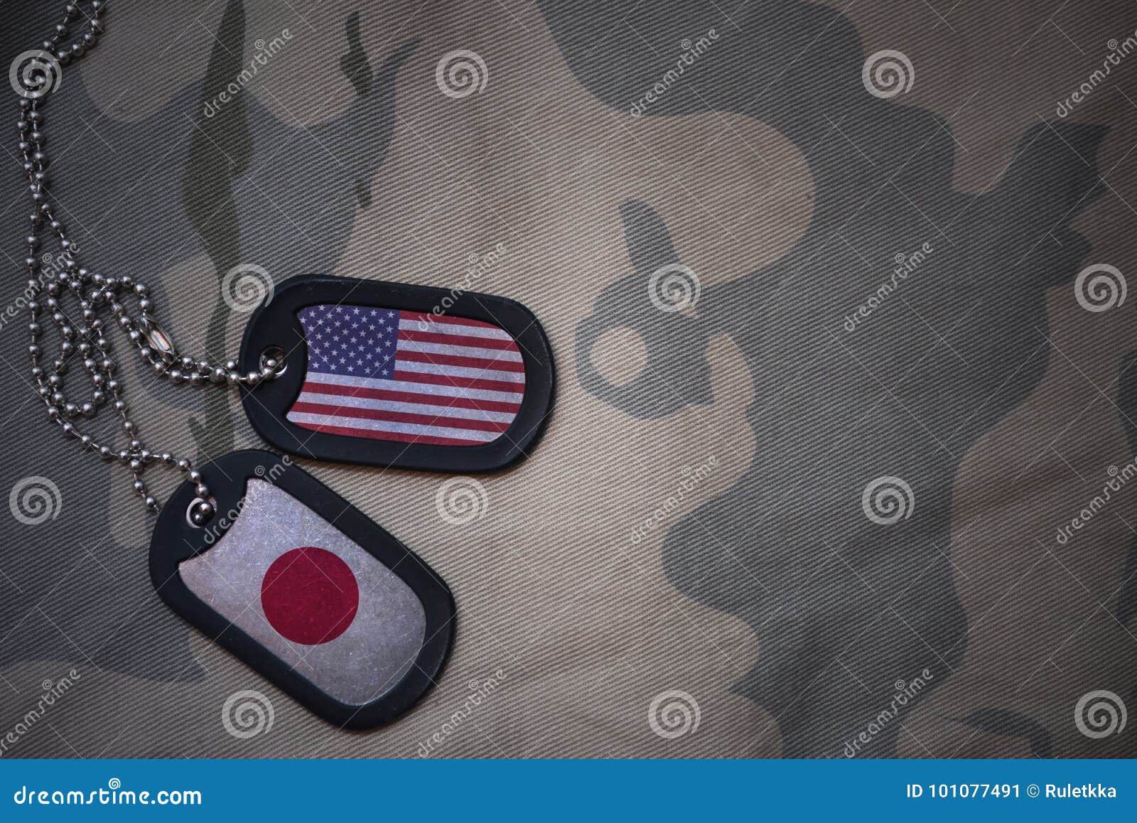Espacio En Blanco Del Ejército, Placa De Identificación La Bandera De Los Unidos De América Japón En El Fondo De Co Imagen de archivo Imagen de blanco, oriente: