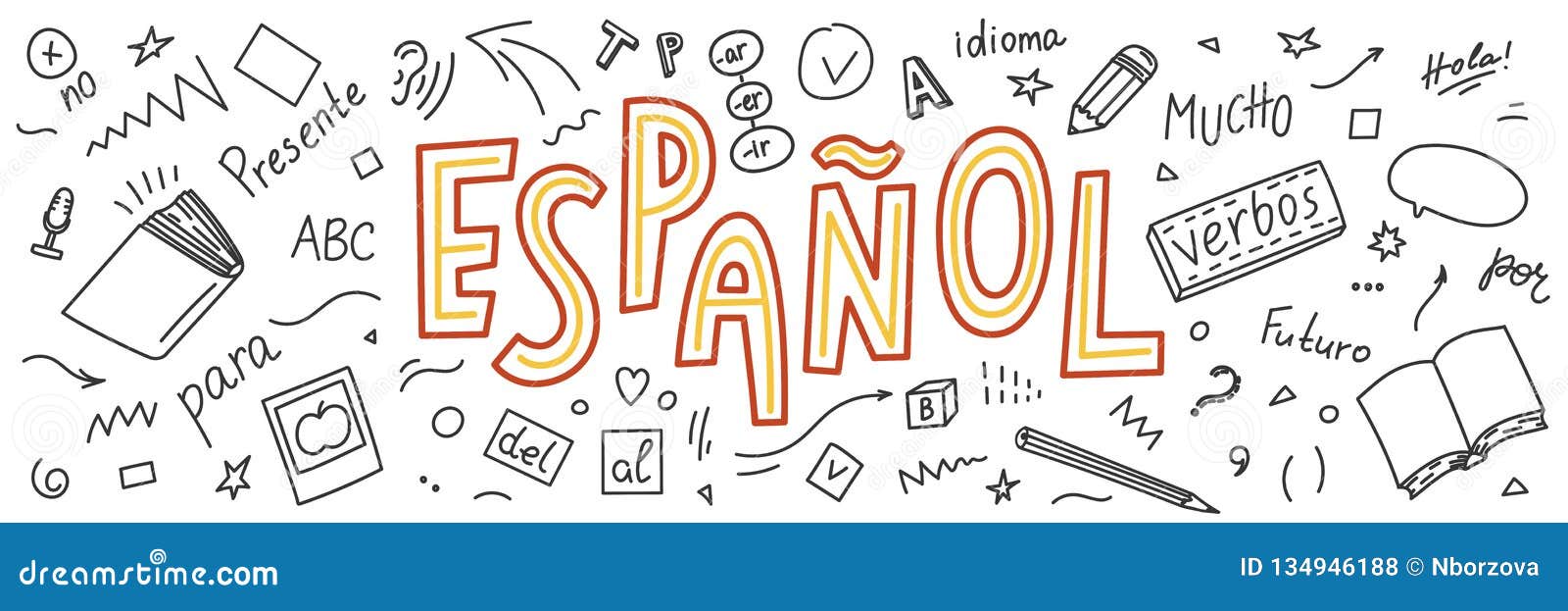 espanol. translation `spanish`. language hand drawn doodles and lettering.